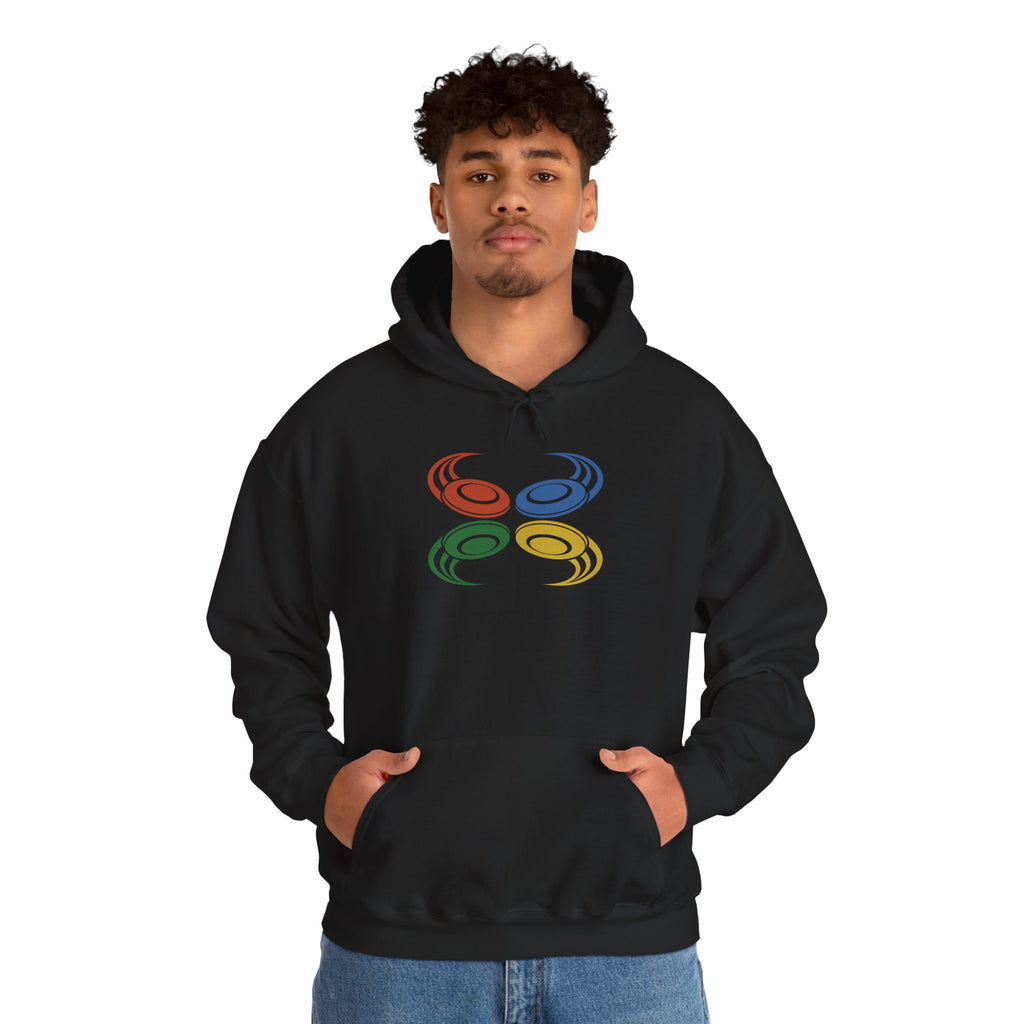 A man wearing a black hoodie with colorful graphic of flying disc golf discs, against a white background