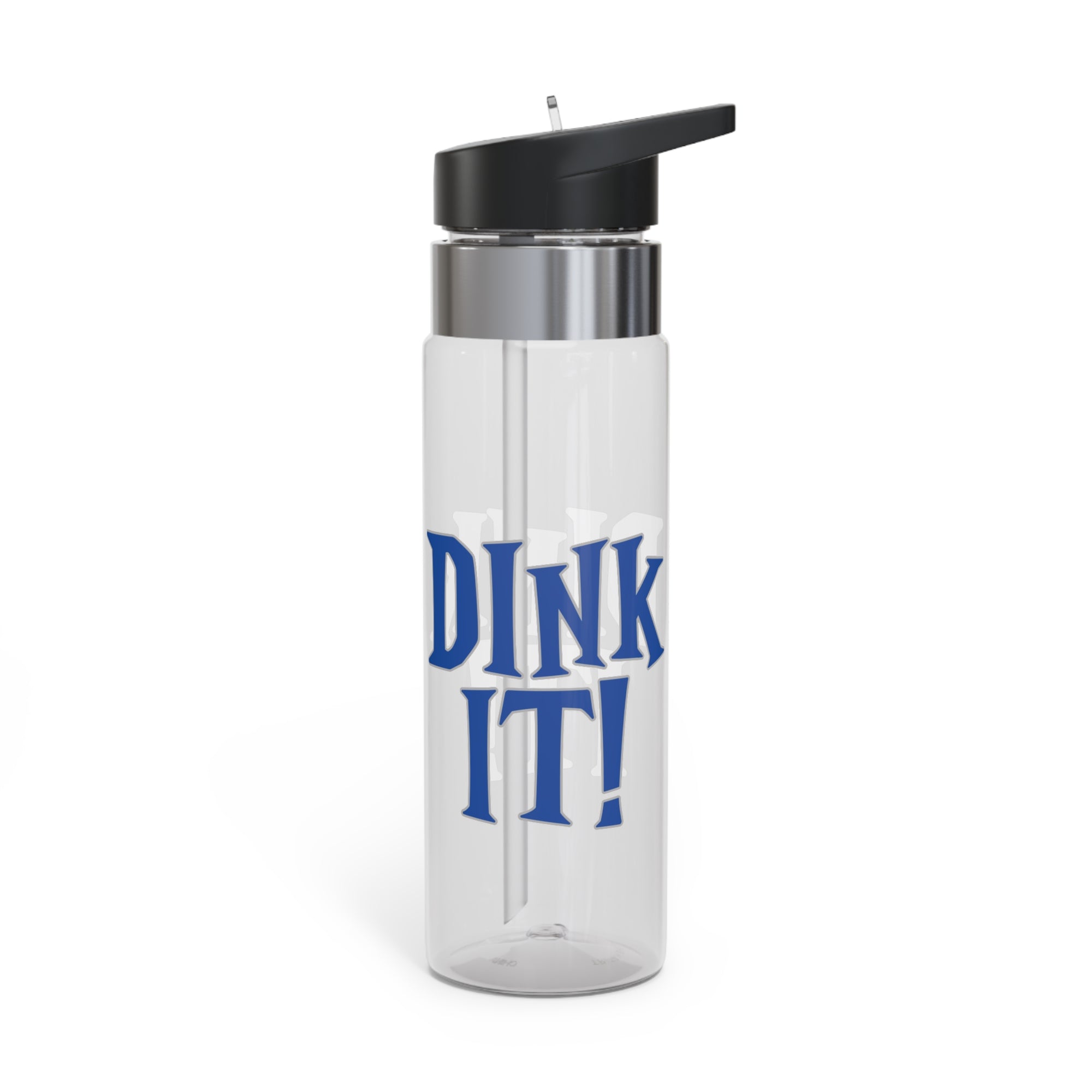 A clear water bottle with lid featuring the words 'DINK IT!' text in blue and outlined in gray, against a white background