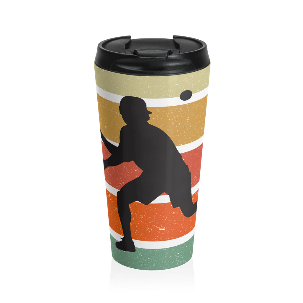 Travel mug with a silhouette design of a person playing pickleball on a retro colorful background