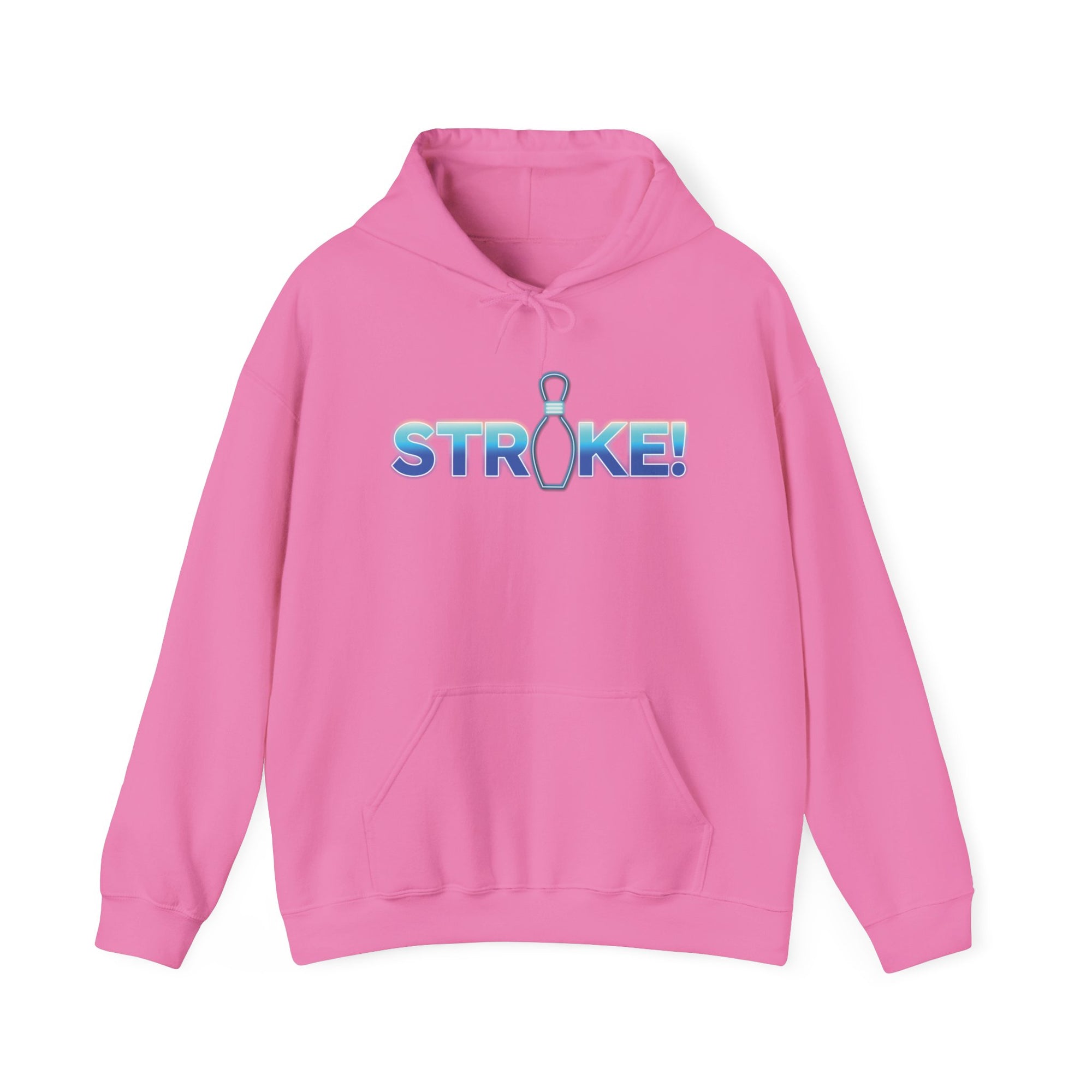 Pink bowling hoodie with 'STRIKE!' with the "I" replaced by a bowling pin, on a white background 