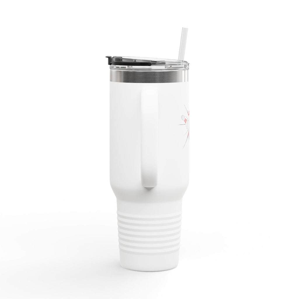 The side view of a white 40oz travel mug with handle, lid, and straw, with a graphic design of a bowling ball smashing into pins on a white background