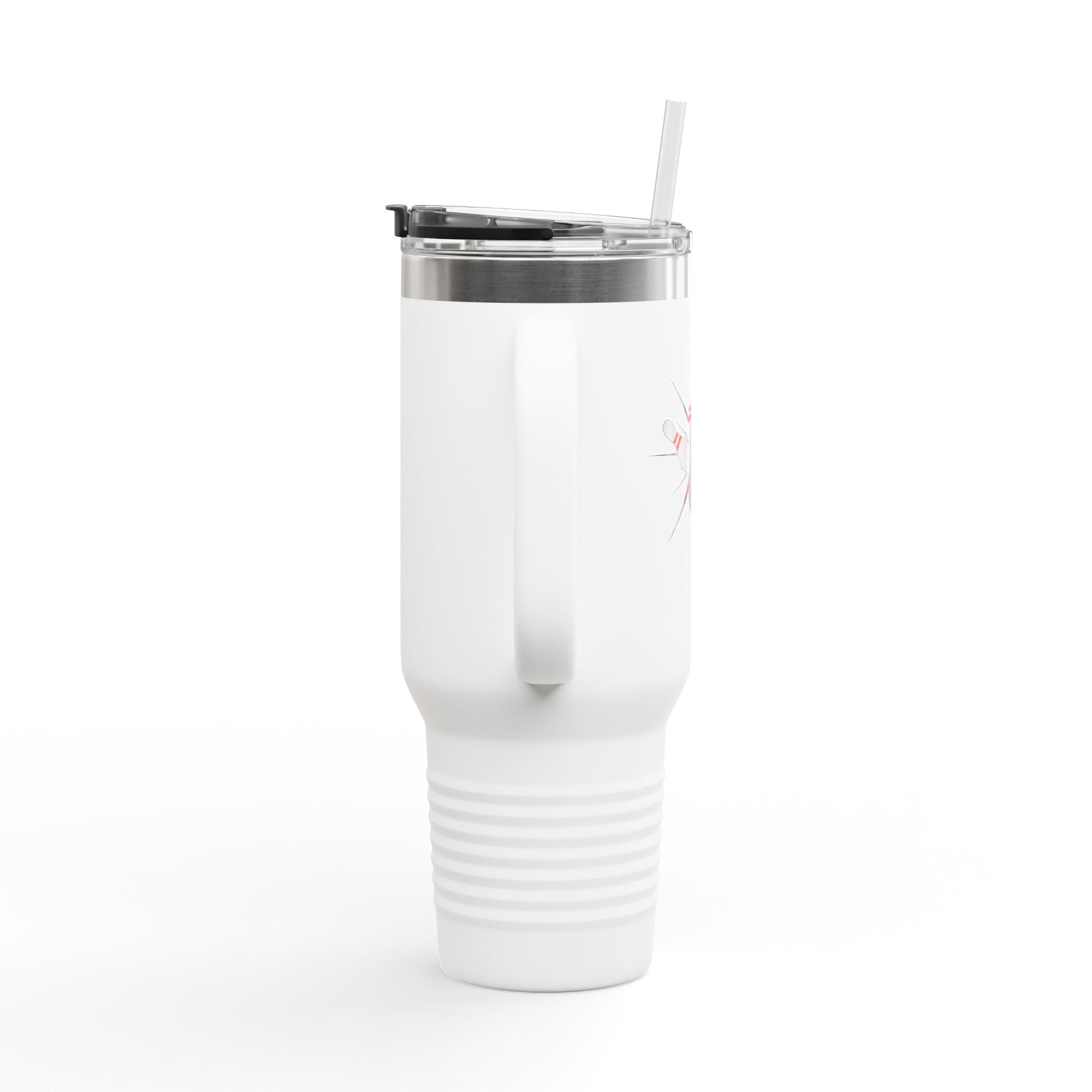 The side view of a white 40oz travel mug with handle, lid, and straw, with a graphic design of a bowling ball smashing into pins on a white background
