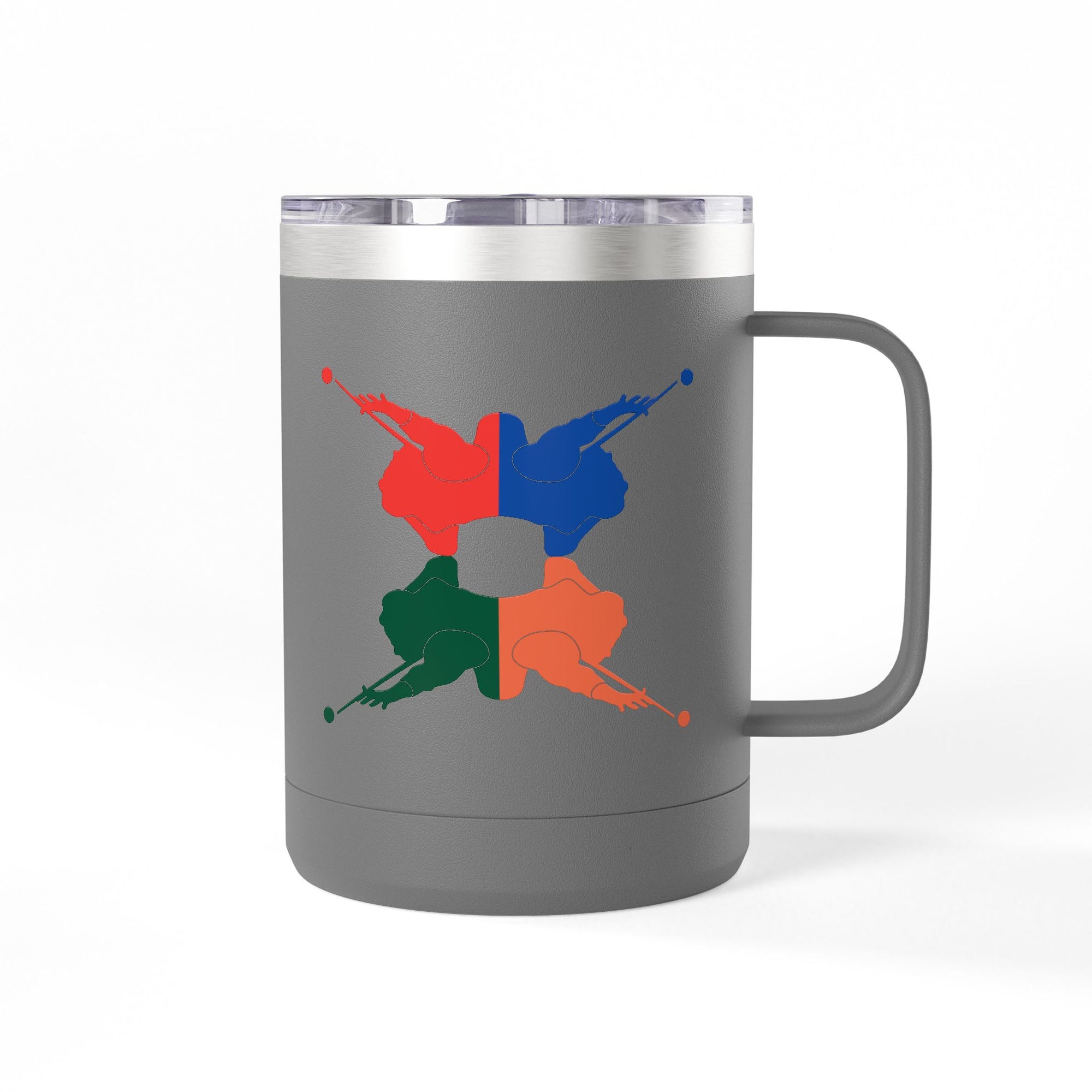 Gray travel mug tumbler with handle and lid, with colorful graphic of 4 billiards player silhouettes in a pop art style, against a white background