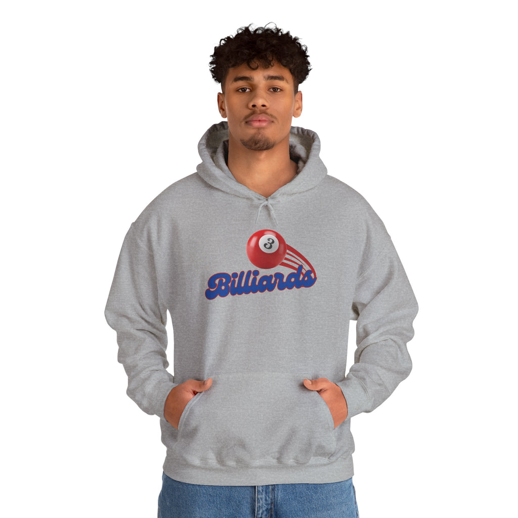 A man wearing a gray hoodie with billiards ball and text that says "Billiards" against a white background