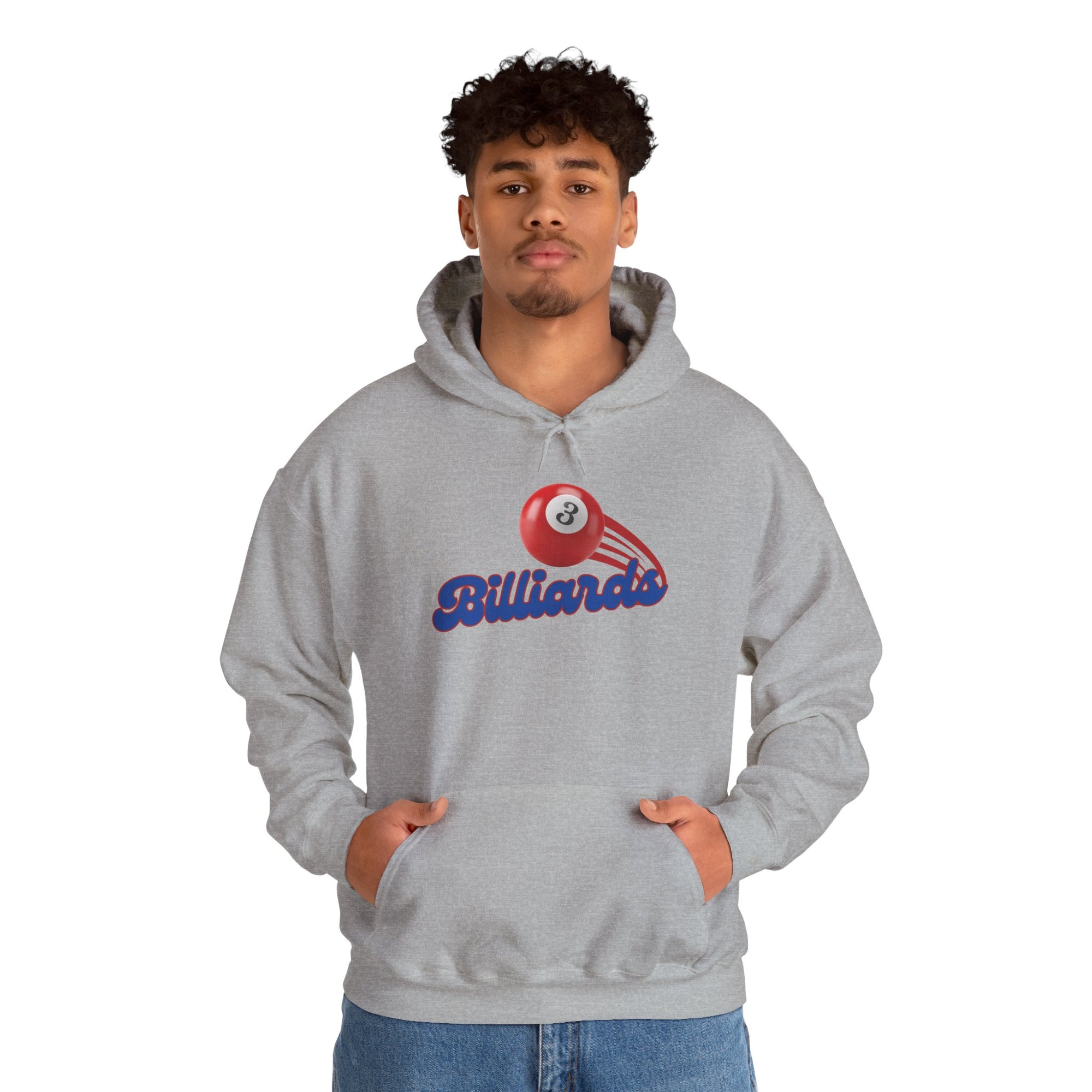 A man wearing a gray hoodie with billiards ball and text that says "Billiards" against a white background