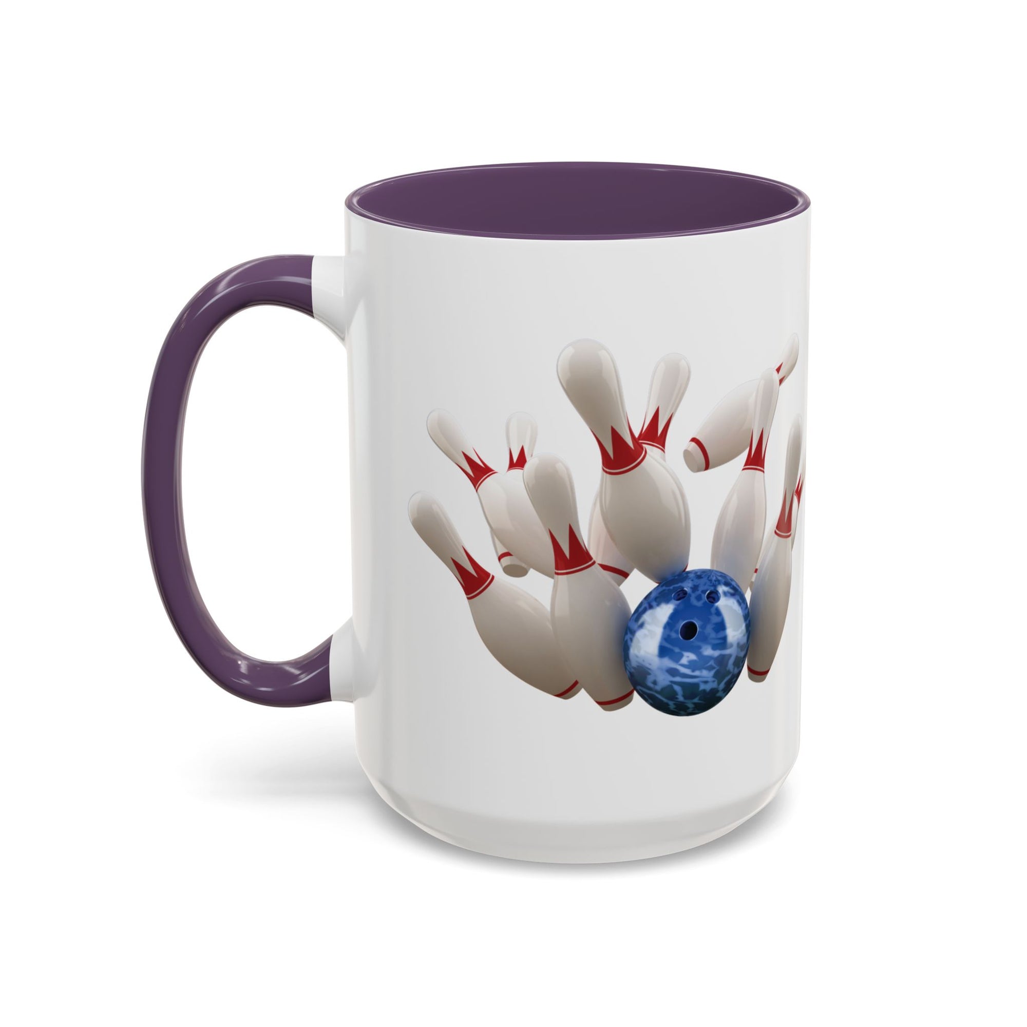 A white ceramic coffee mug with purple accents on the handle and interior, with a graphic of a blue bowling ball knocking over bowling pins, on a white background