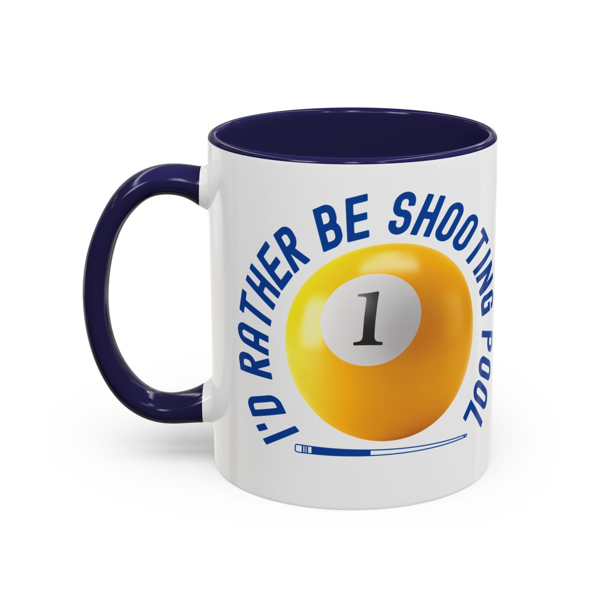 Ceramic coffee mug with dark blue accents on the handle and interior, with a yellow billiards ball and cue stick graphic and the text "I'd Rather Be Shooting Pool" on a white background
