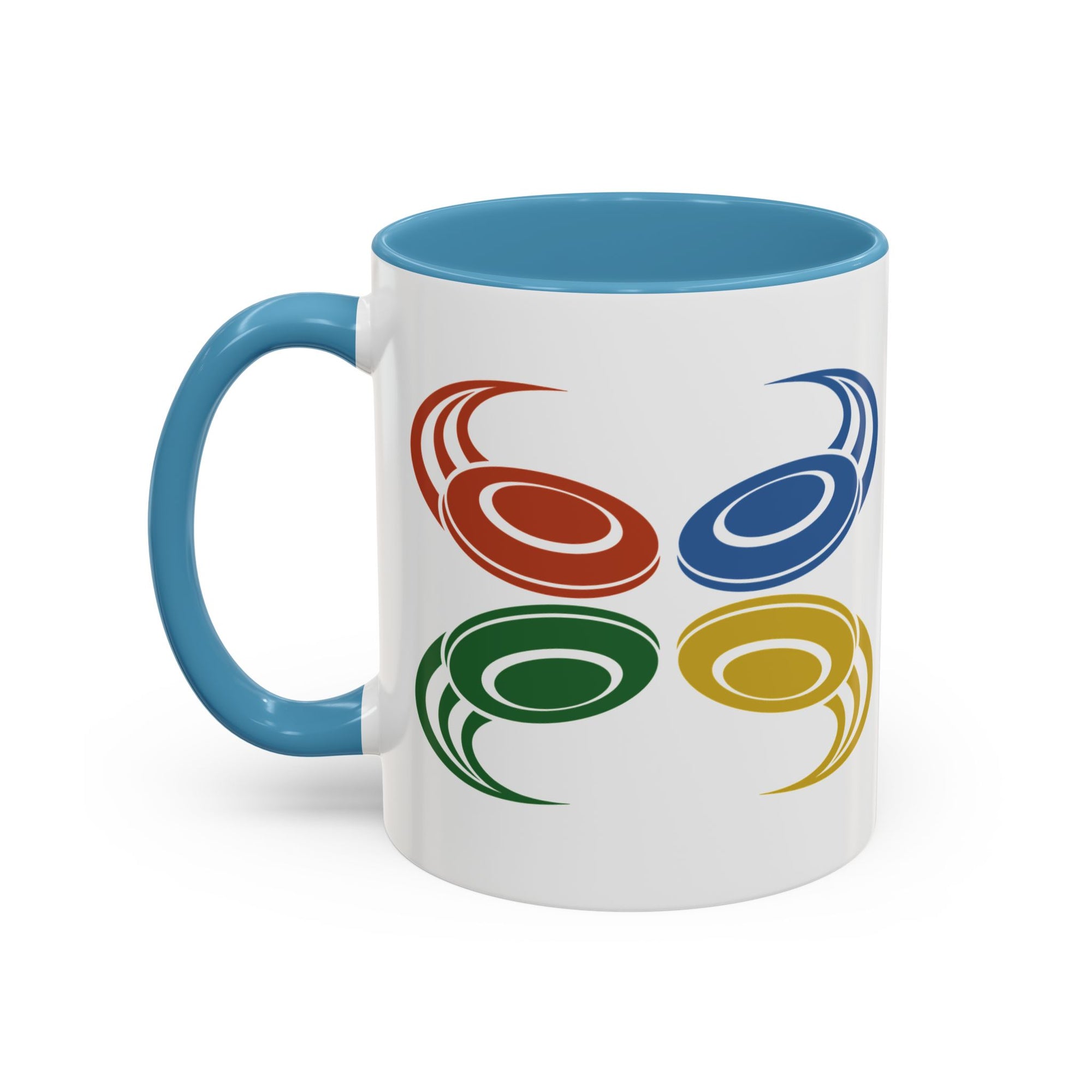 A ceramic mug with light blue accents on the handle and interior, featuring a graphic of four colorful disc golf discs