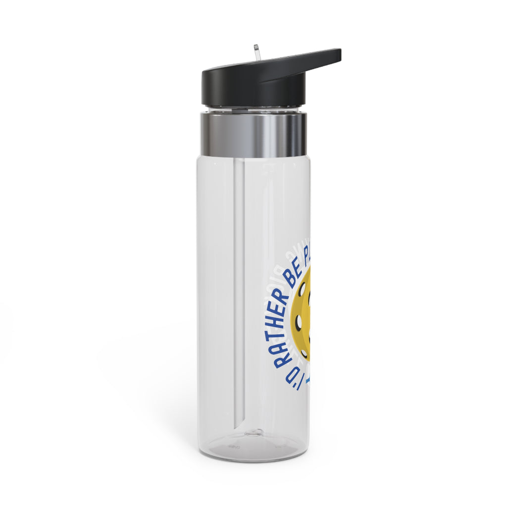 Side view of a clear water bottle with pickleball graphic and the text "I'd Rather Be Playing Pickleball on a white background.