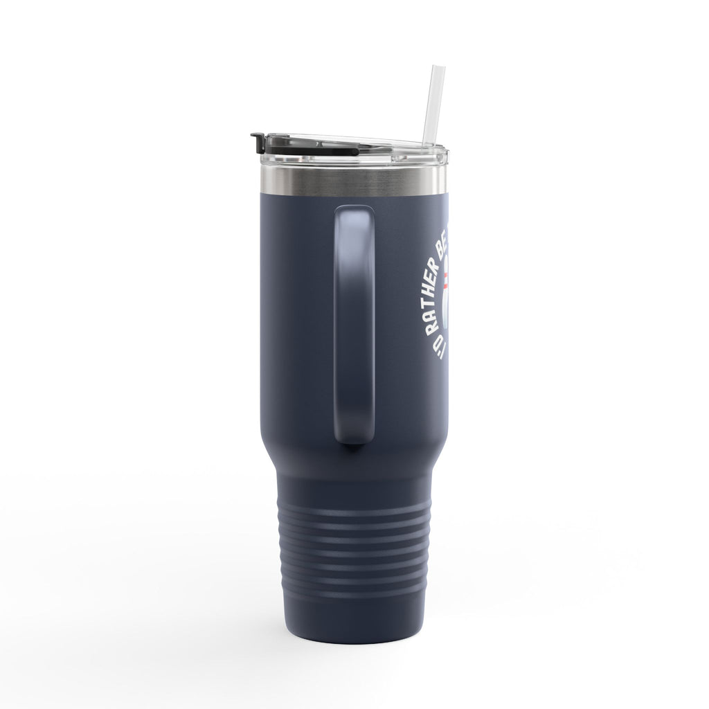 Side view of a black 40oz travel mug with bowling pins and a bowling ball and text saying "I'd Rather Be Throwing Strikes" on white background
