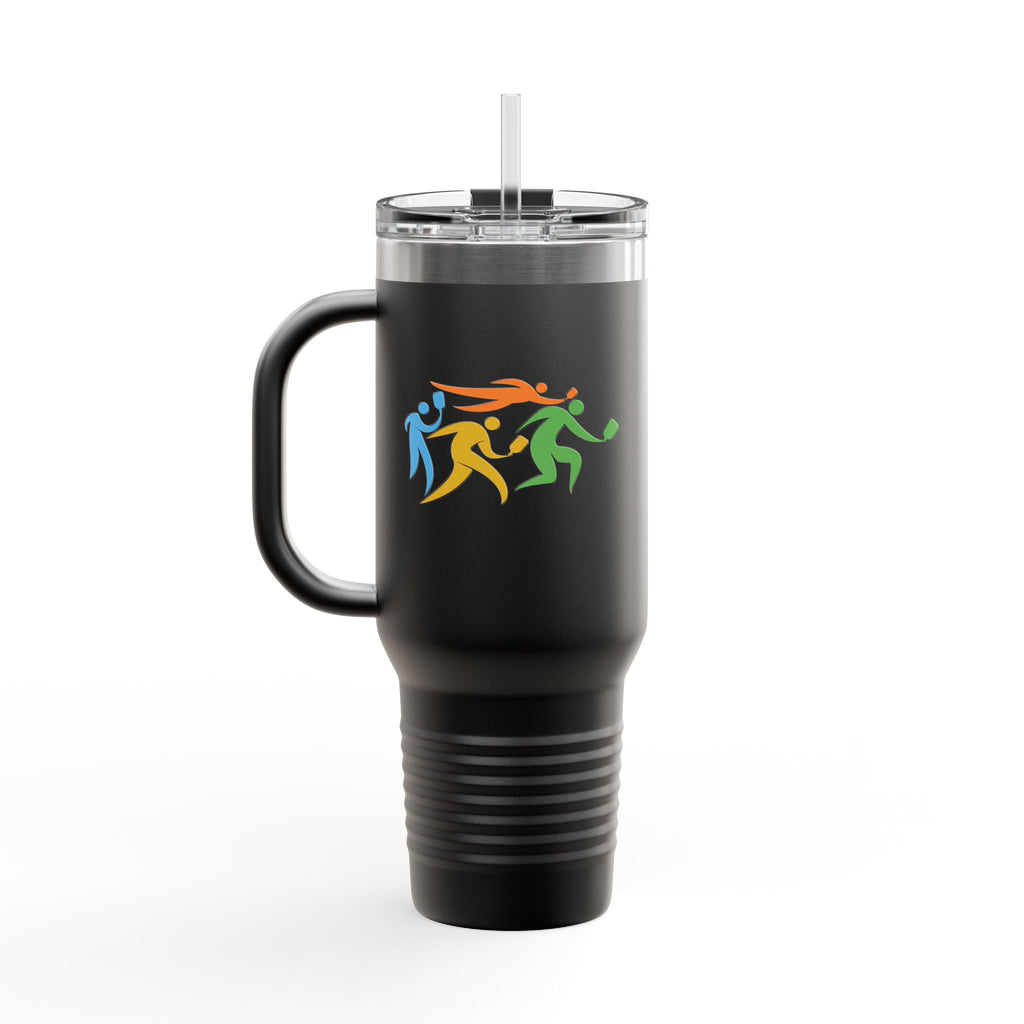 Black 40oz travel tumbler with lid and straw featuring an image of four colorful pickleball player drawings playing pickleball against a white background
