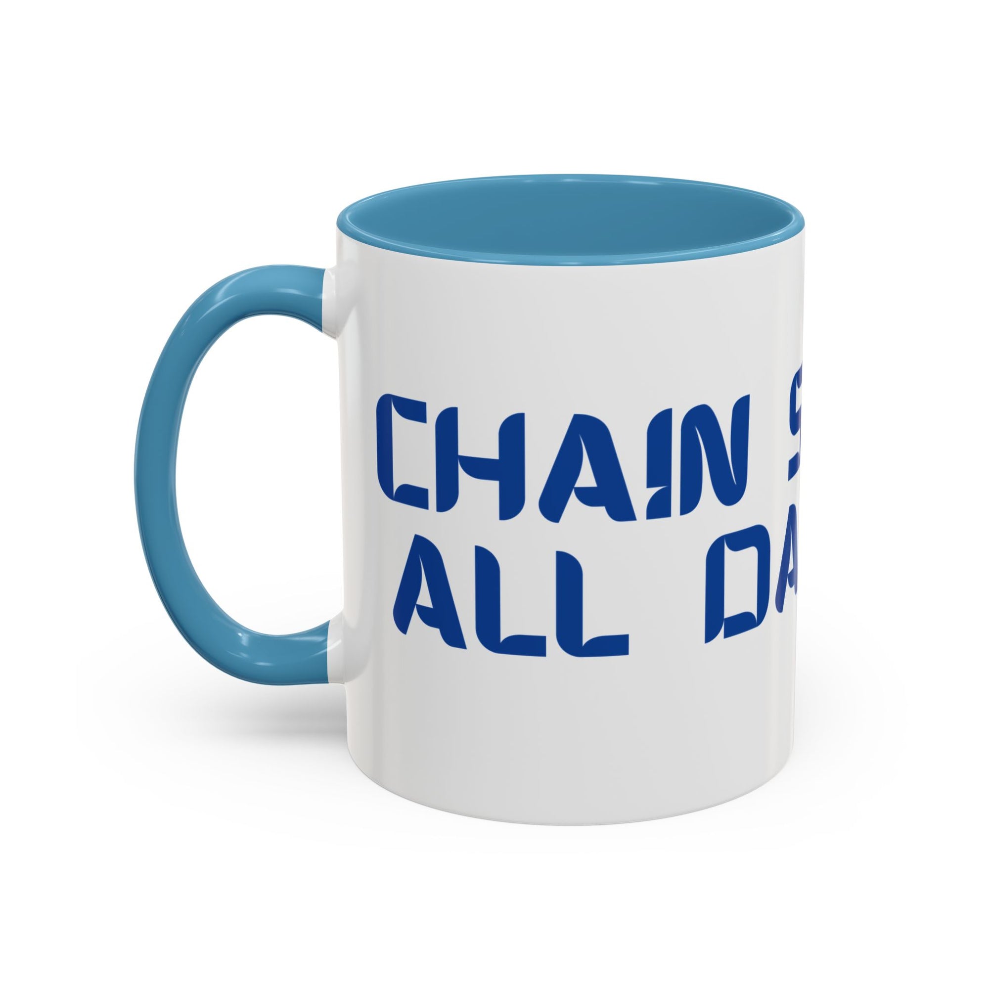 A ceramic coffee mug with light blue accents on the handle and interior, with 'CHAIN SMOKING ALL DAY LONG' text with the O's replaced by disc golf discs, against a white background