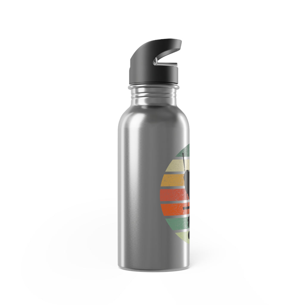 Side view of a stainless steel silver water bottle with a with an image of a billiards player silhouette over a retro colorful graphic, on a white background.