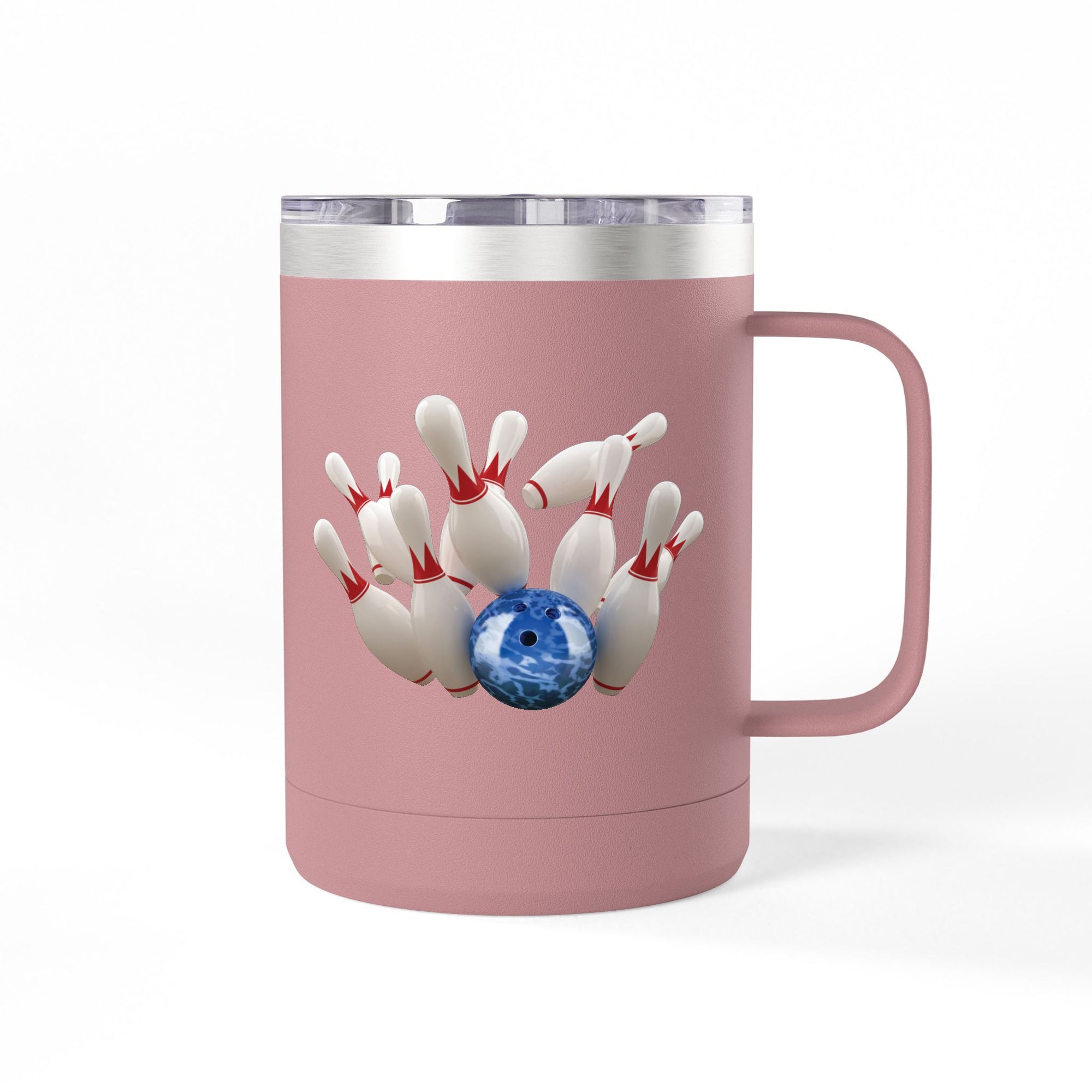 A pink travel coffee tumbler mug with handle and lid, with a graphic of a blue bowling ball knocking over bowling pins, on a white background