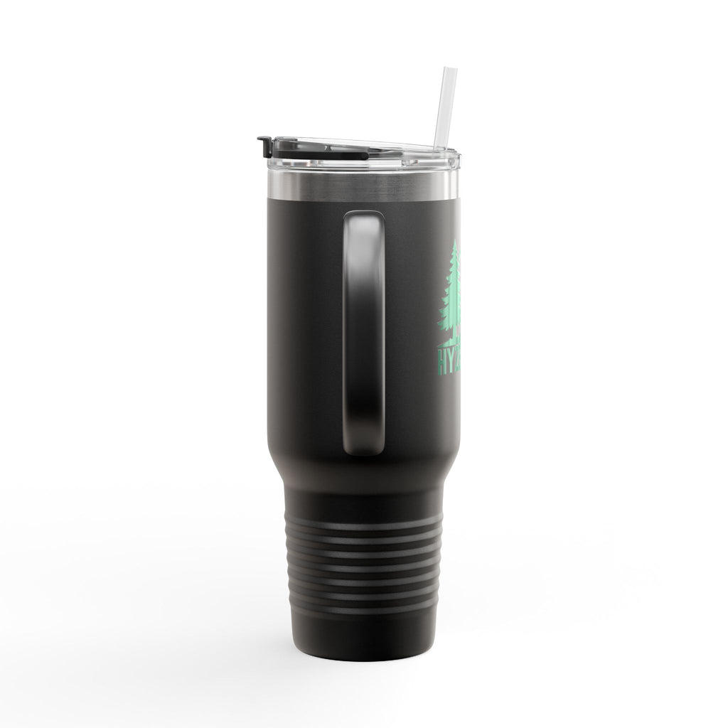 Side view of a black 40oz travel mug with lid and straw with green graphic of trees and a disc golf flying with the words 'HYZER LIFE' below the image, on a white background
