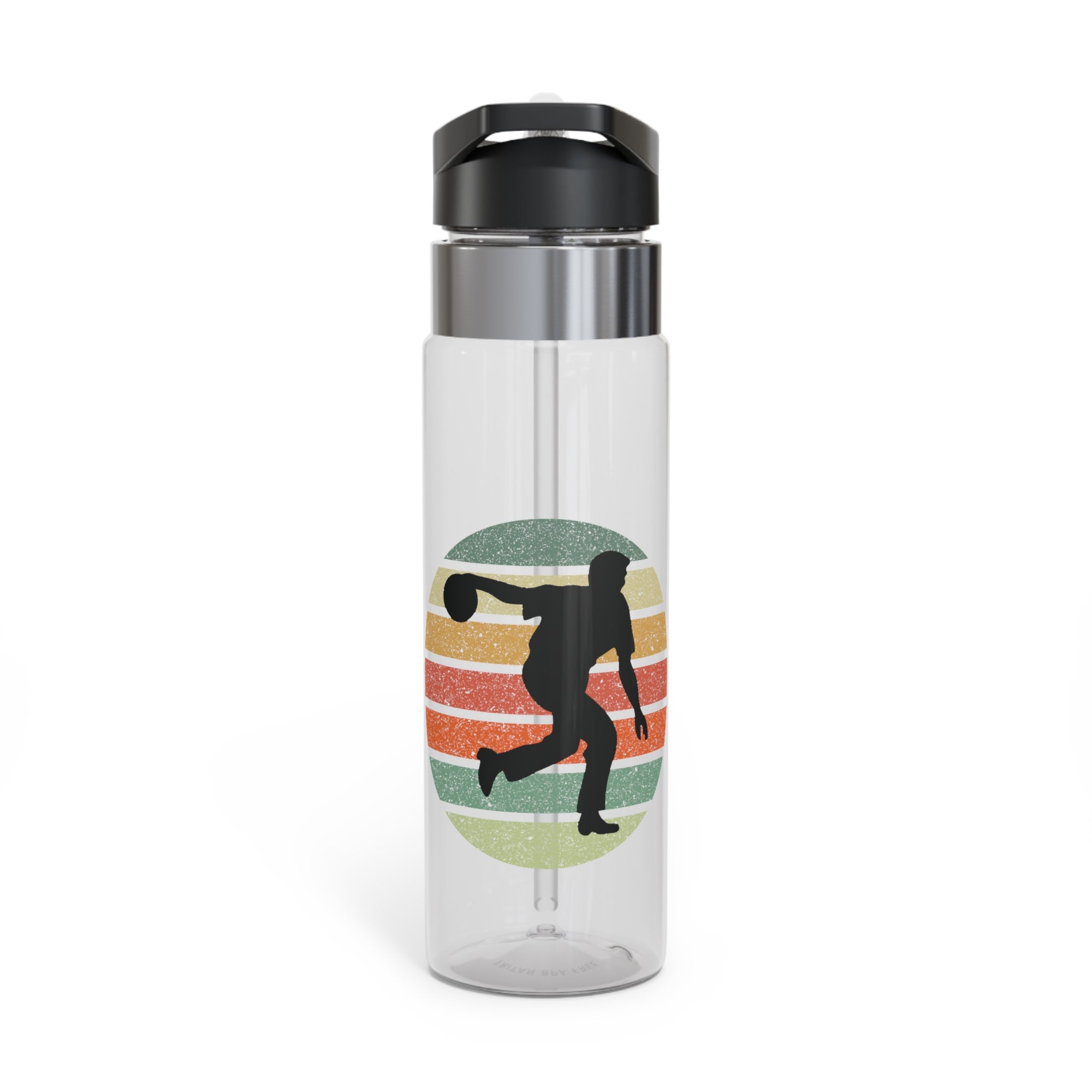 Clear water bottle with a black lid featuring a silhouette of a bowler over an colorful retro image, on a white background.