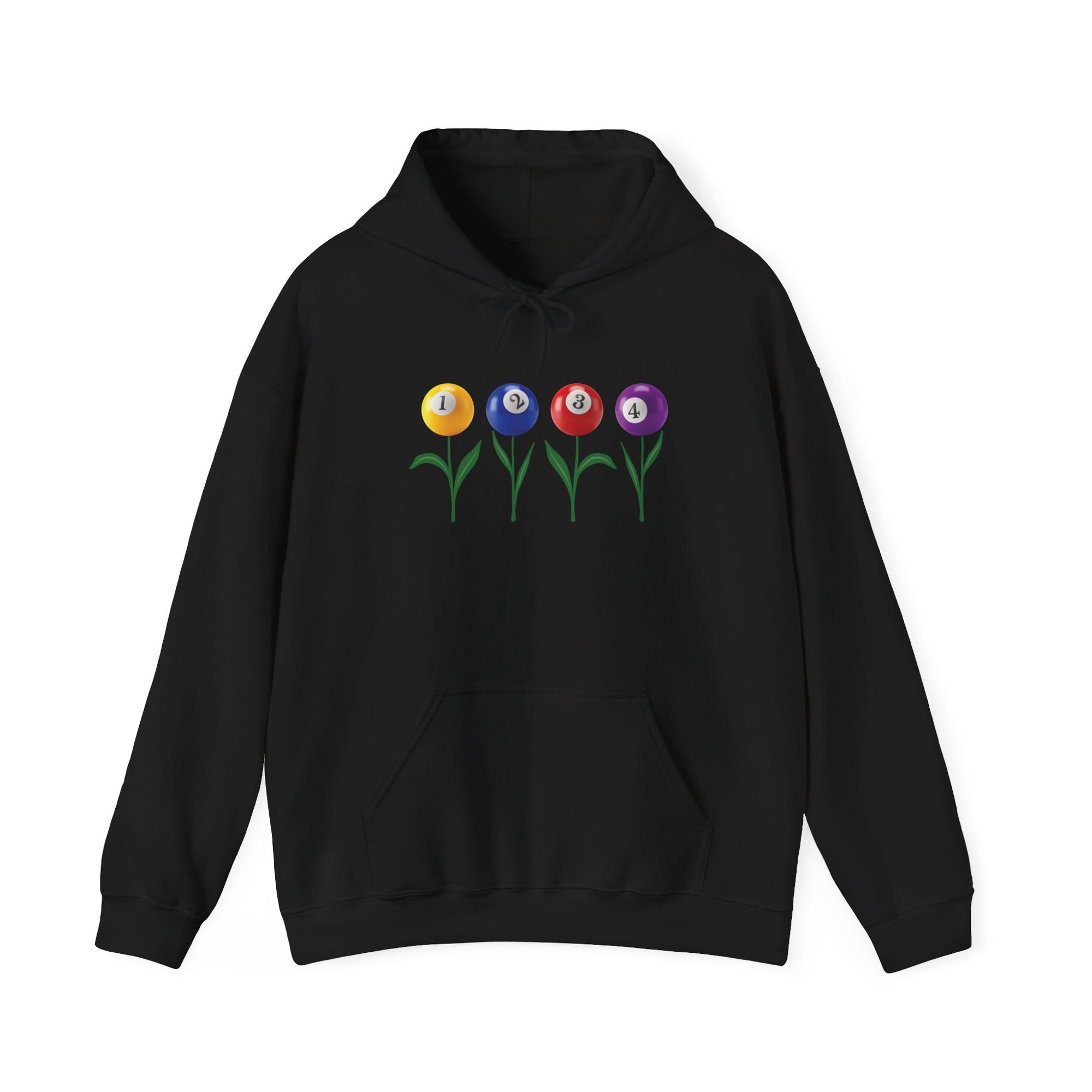 Black hoodie with four colorful flowers made out of billiards balls with green stems, a white background