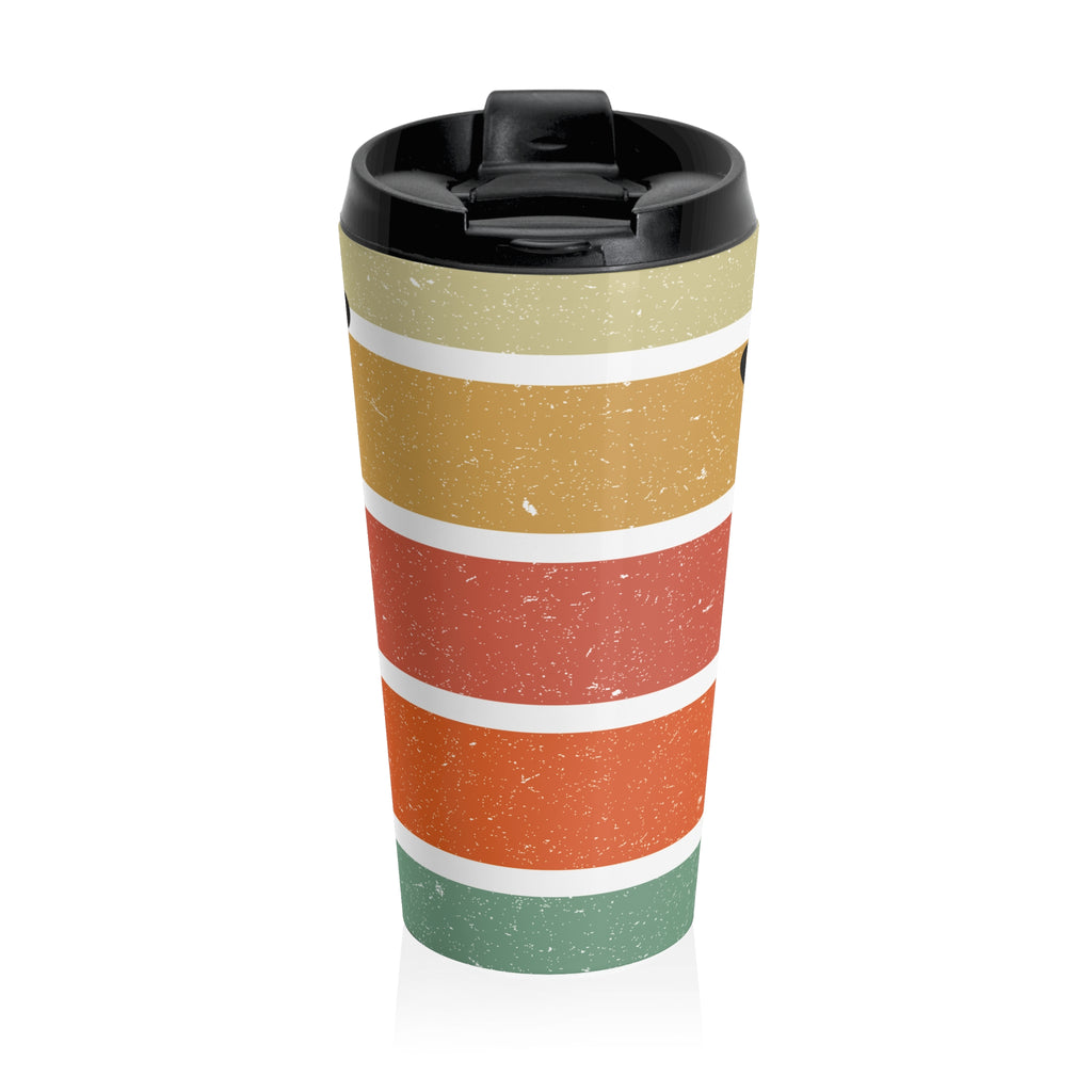 Back view of a travel mug with a silhouette design of a disc golf player over a colorful retro image, on a white background