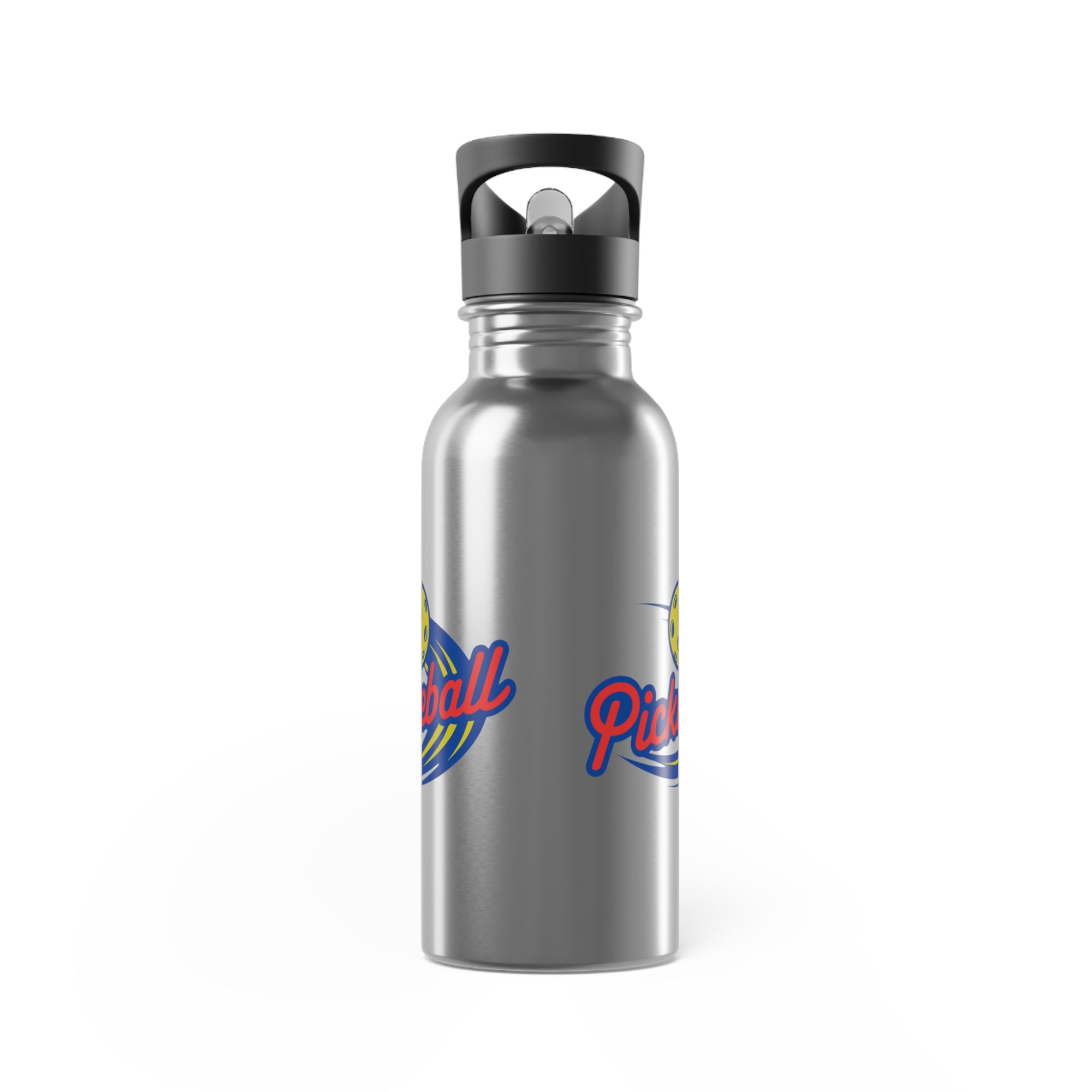 A stainless steel water bottle with a classic pickleball logo featuring the word pickleball and a yellow pickleball with motion lines, against a white background
