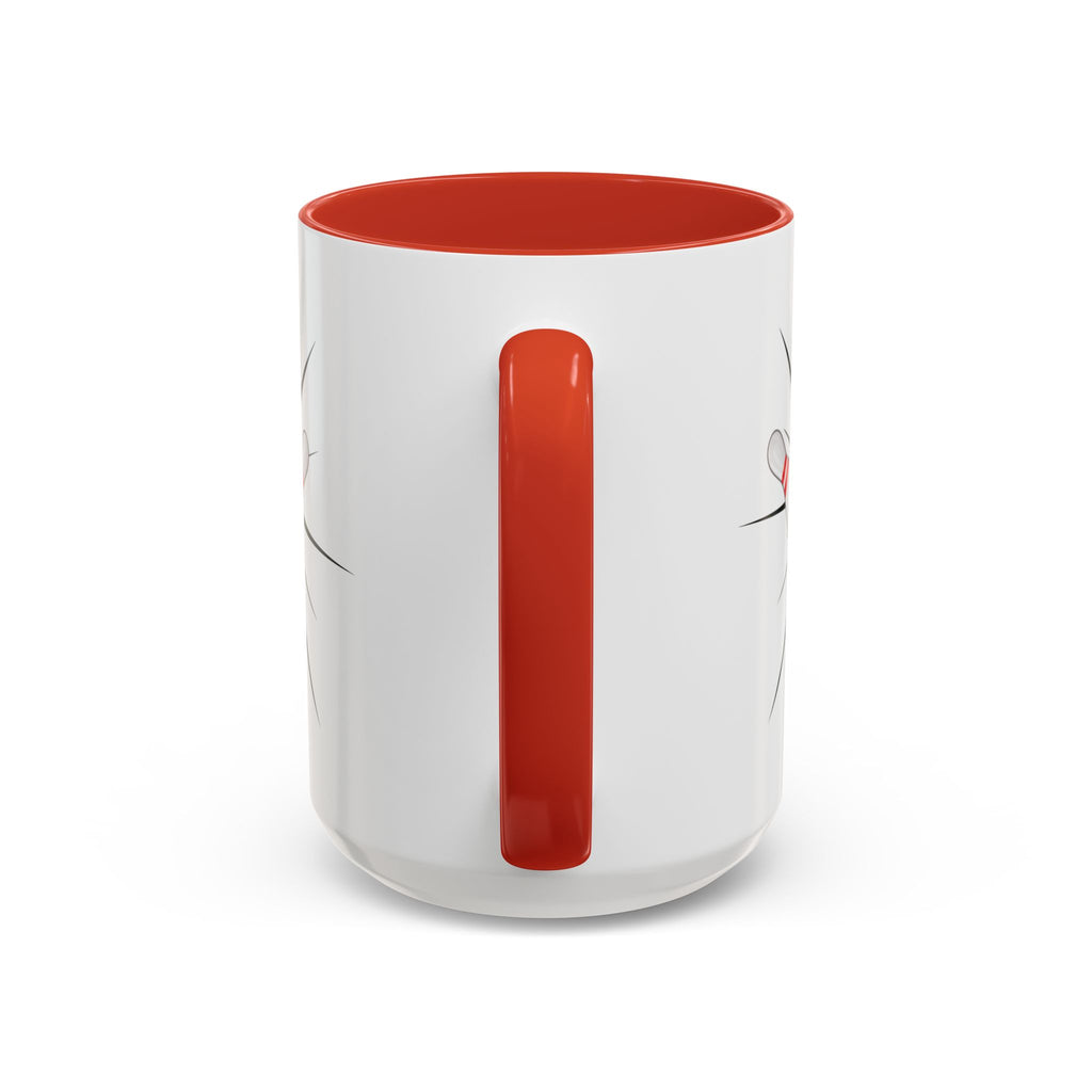 A view of the handle of a white ceramic coffee mug with red accents on the handle and interior, with a graphic design of a bowling ball smashing into pins on a white background
