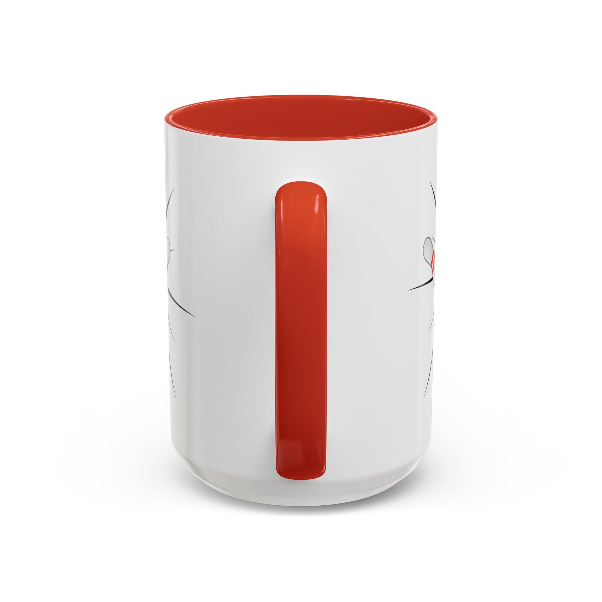A view of the handle of a white ceramic coffee mug with red accents on the handle and interior, with a graphic design of a bowling ball smashing into pins on a white background