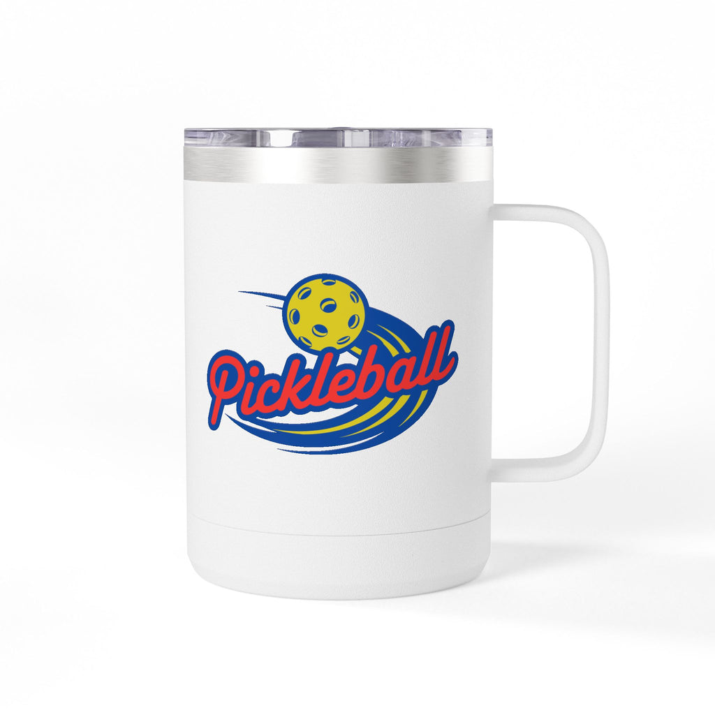 A white travel coffee mug tumbler with a lid and handle, with a classic pickleball logo featuring the word pickleball and a yellow pickleball with motion lines, against a white background