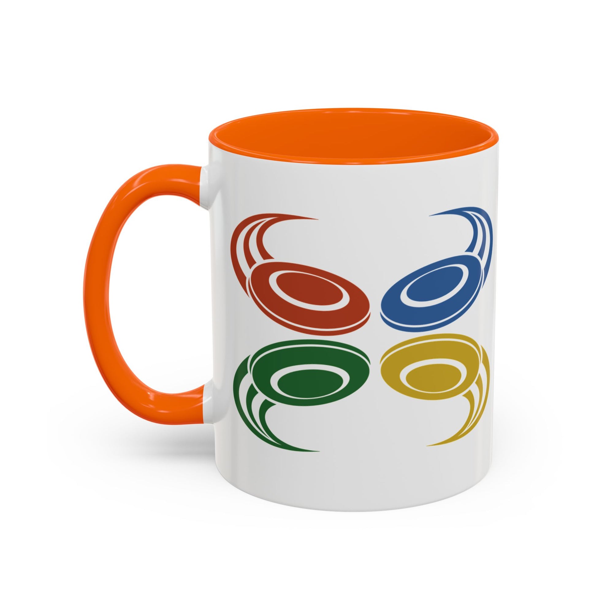A ceramic mug with orange accents on the handle and interior, featuring a graphic of four colorful disc golf discs
