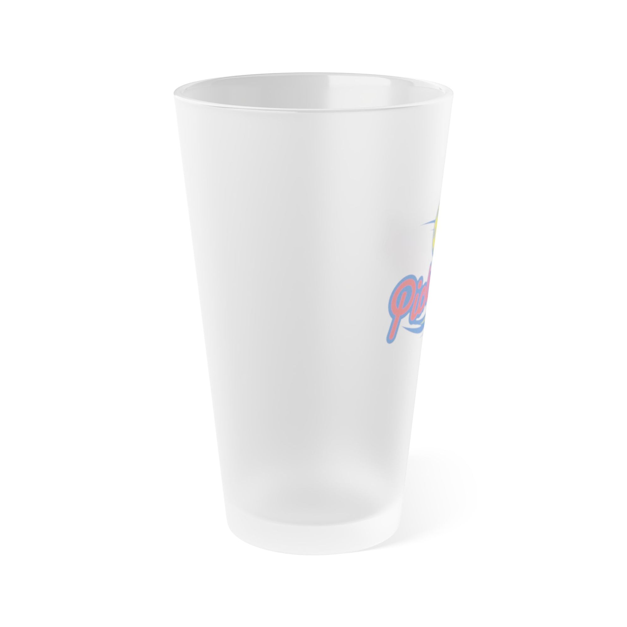 Side view of a frosted pint glass with an image of a pickleball logo and a yellow pickleball, on a white background.