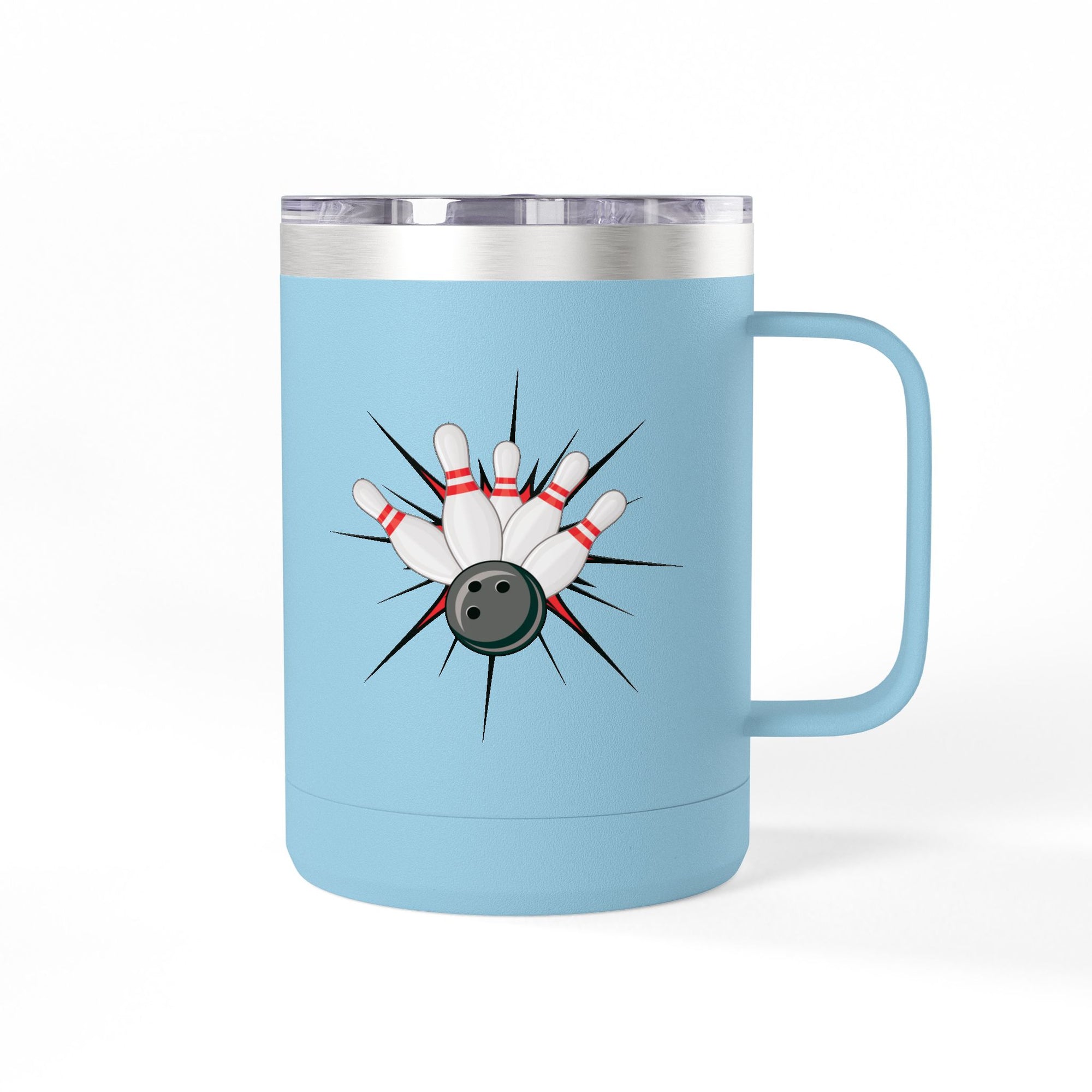 A light blue travel coffee tumbler mug with a lid and handle, with a graphic design of a bowling ball smashing into pins on a white background