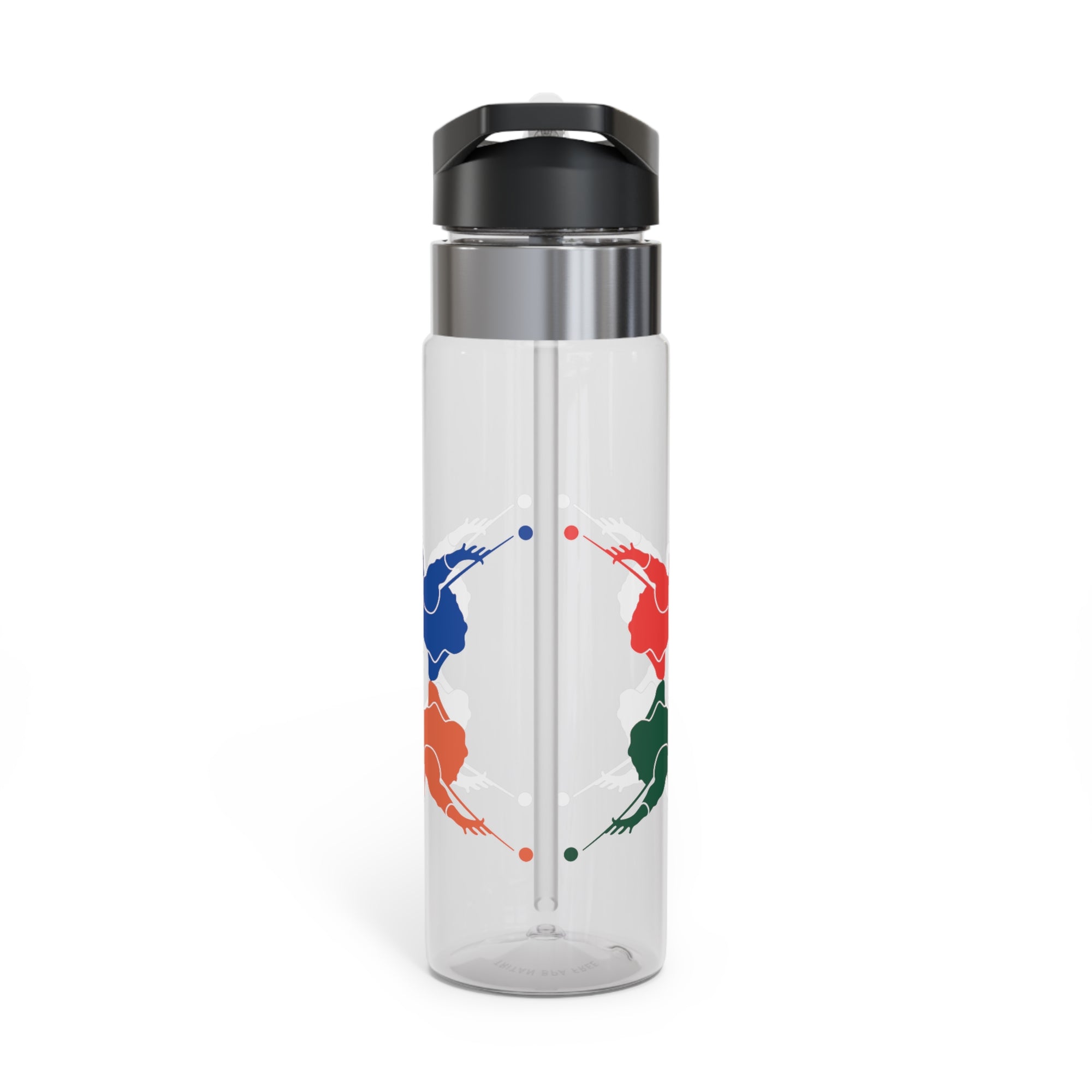 A clear water bottle with black lid with colorful graphic of 4 billiards player silhouettes in a pop art style, against a white background