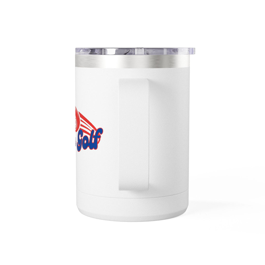 A view of the handle of a white travel coffee mug tumbler with handle and lid with 'Disc Golf' in a blue script text outlined in red and disc golf with motion trails, against a white background