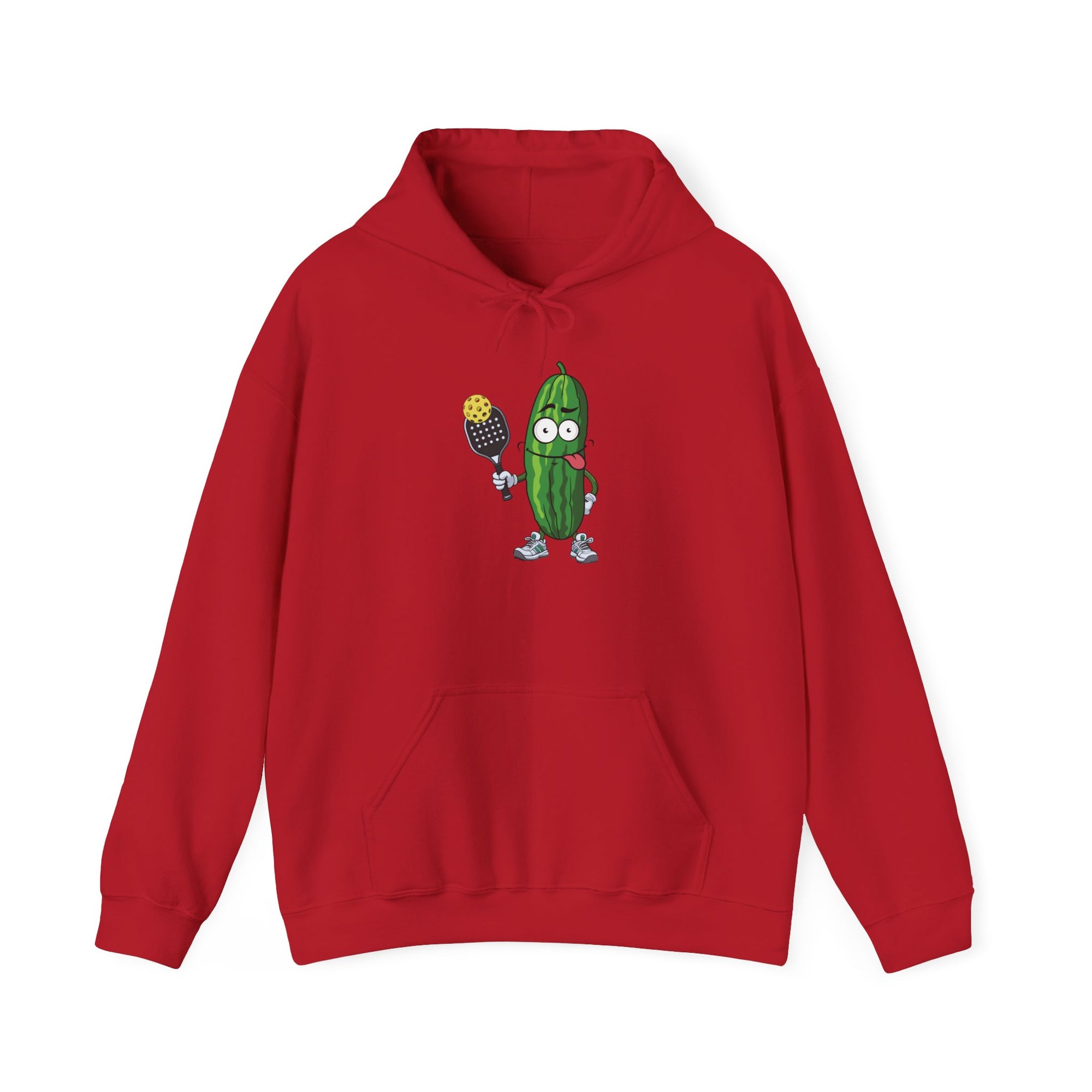 Red hoodie with a cartoon pickle with googly eyes and his tongue sticking out, holding a pickleball paddle with a yellow pickleball, against a white background