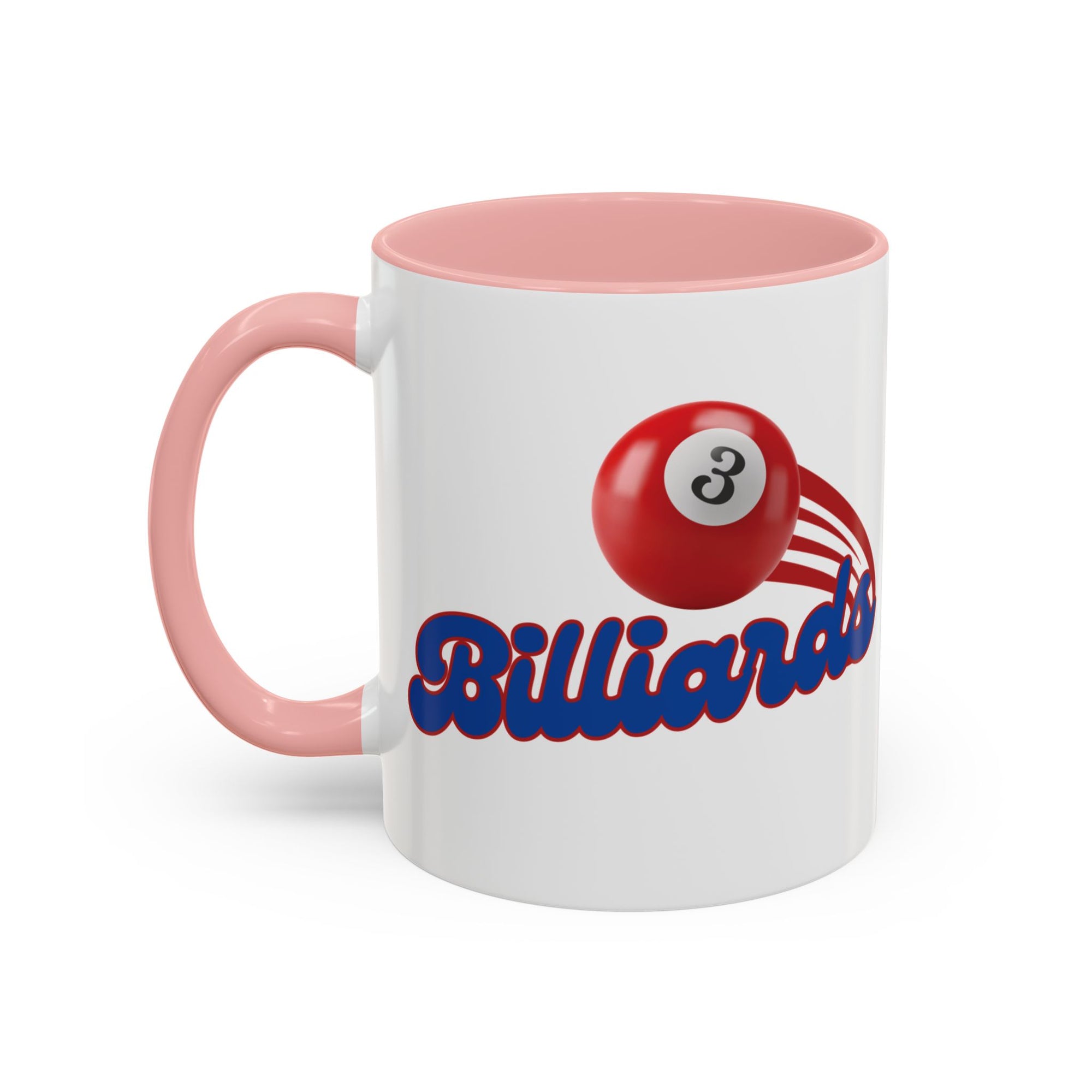 A white ceramic coffee mug with pink accents on the handle and interior, with billiards ball and text that says "Billiards" against a white background 