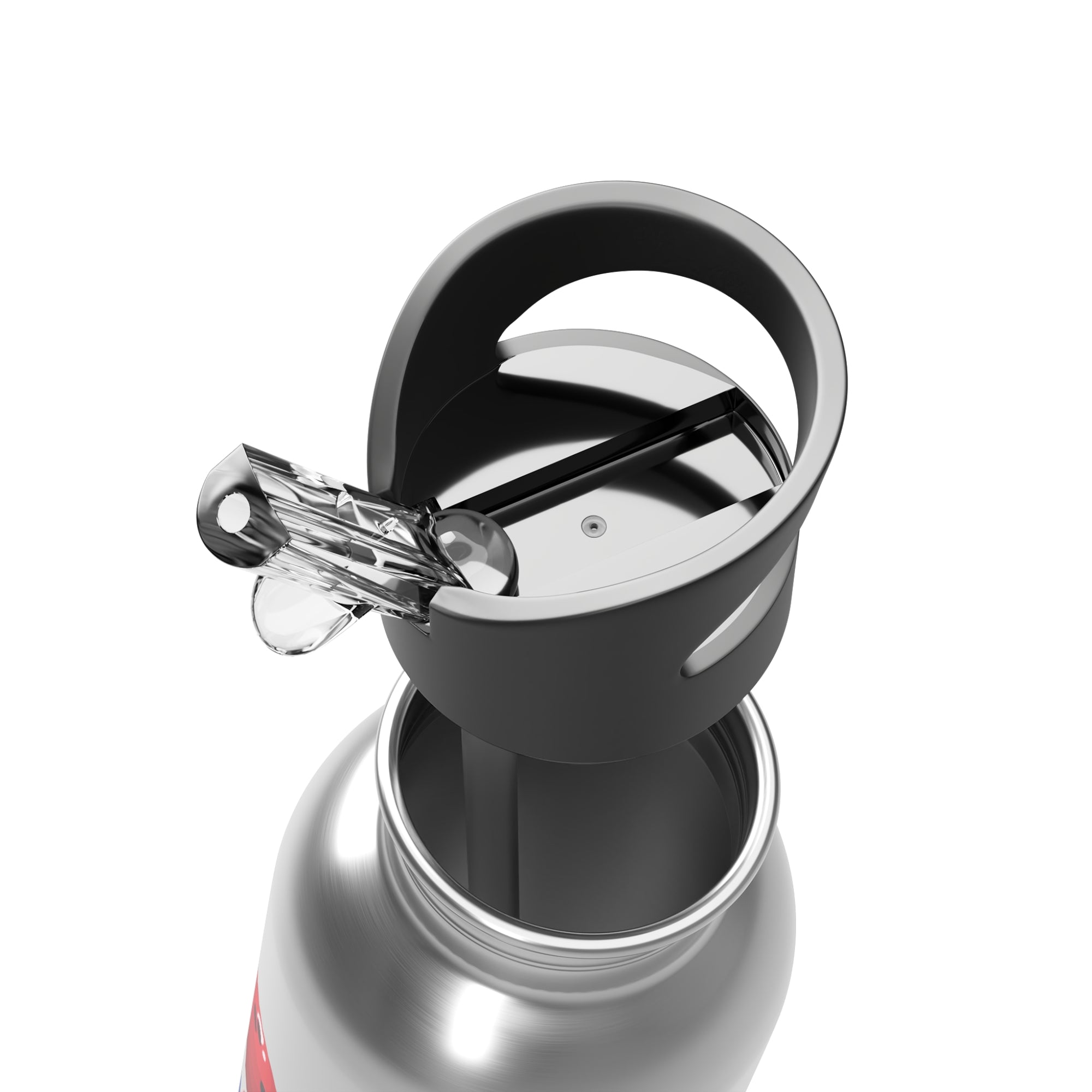 Close-up of a silver water bottle with a black cap on a white background