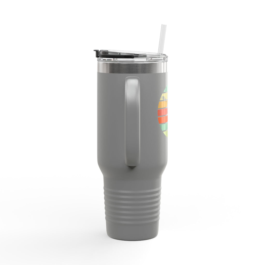 Side view of a grey 40oz stainless steel tumbler with handle, lid, and straw, with an image of a silhouette of a person playing disc golf over an colorful retro graphic, on a white background.