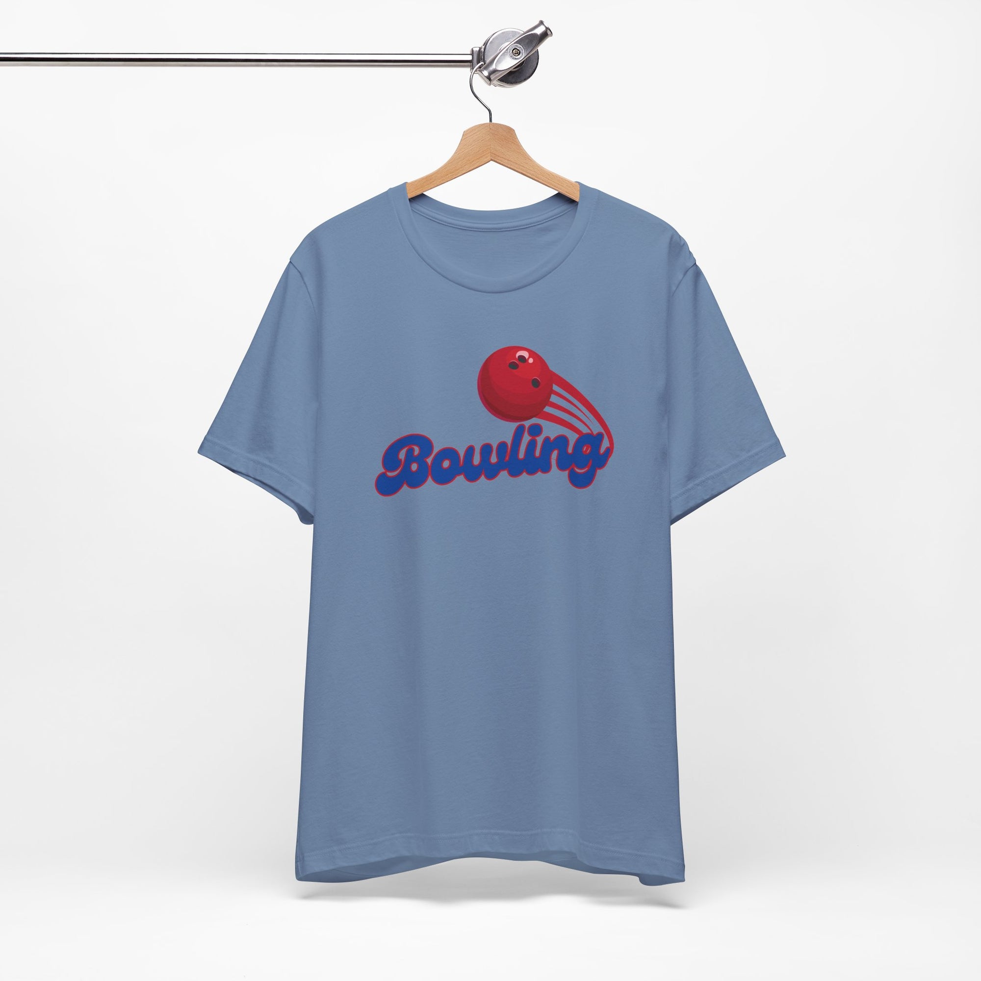 Steel blue t-shirt with a red bowling ball graphic and 'Bowling' text on a hanger against a white background