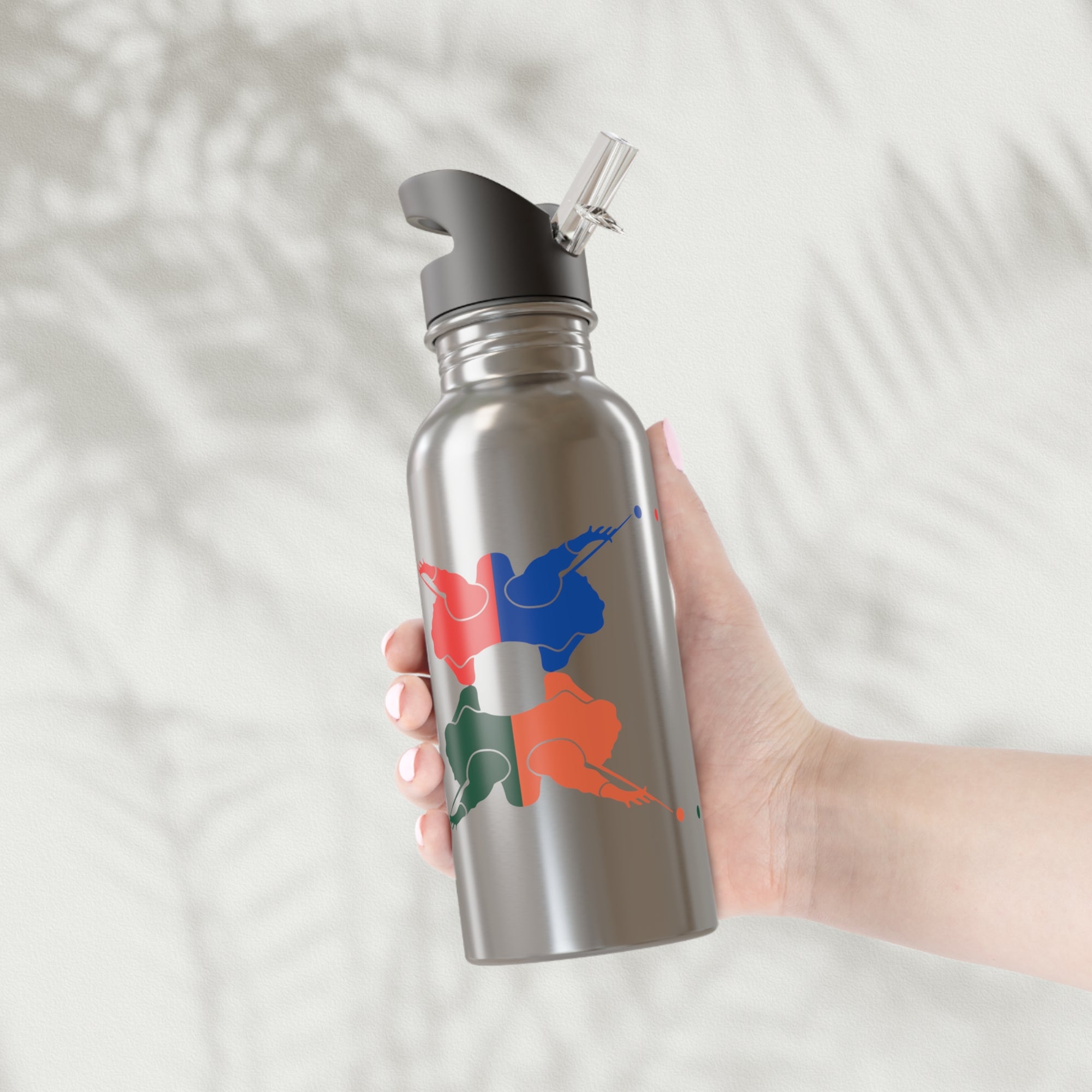 A hand holding a stainless steel water bottle with colorful graphic of 4 billiards player silhouettes in a pop art style, against a white background