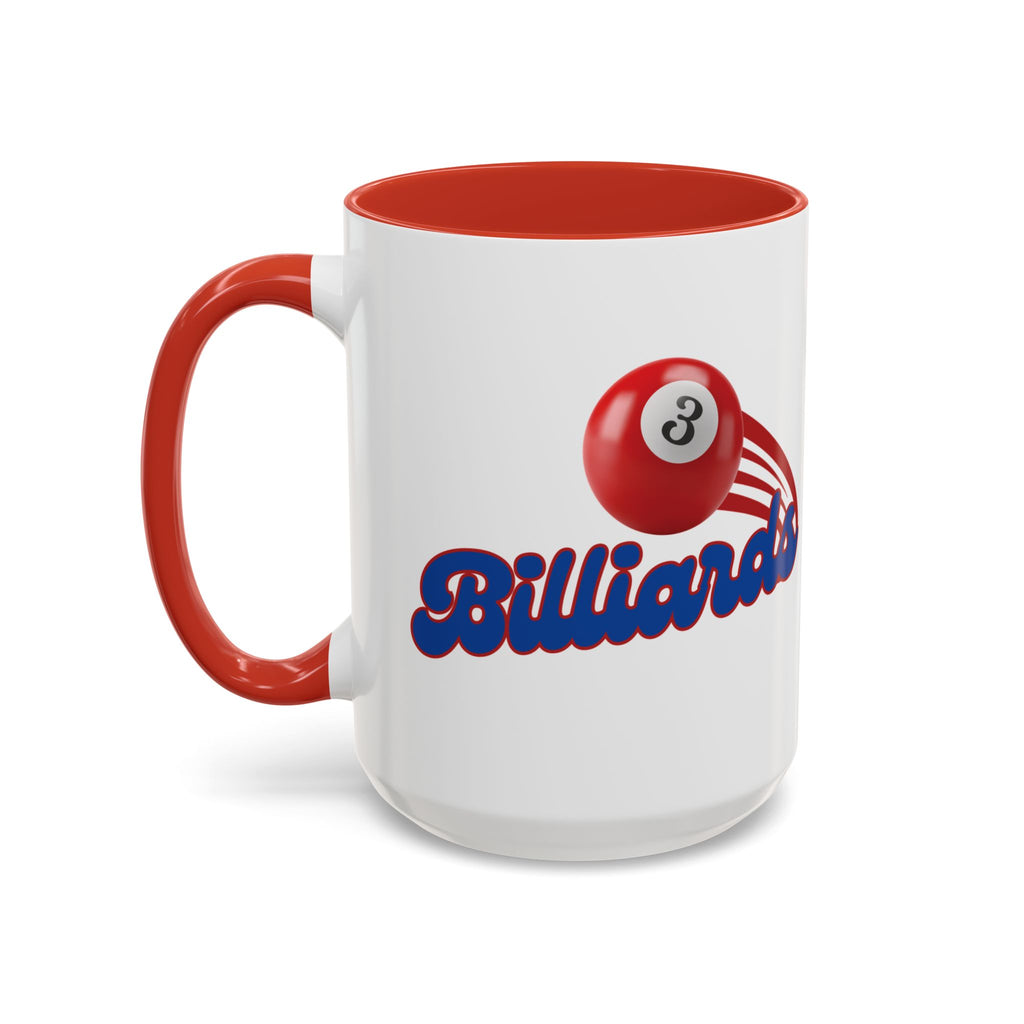 A white ceramic coffee mug with red accents on the handle and interior, with billiards ball and text that says "Billiards" against a white background 