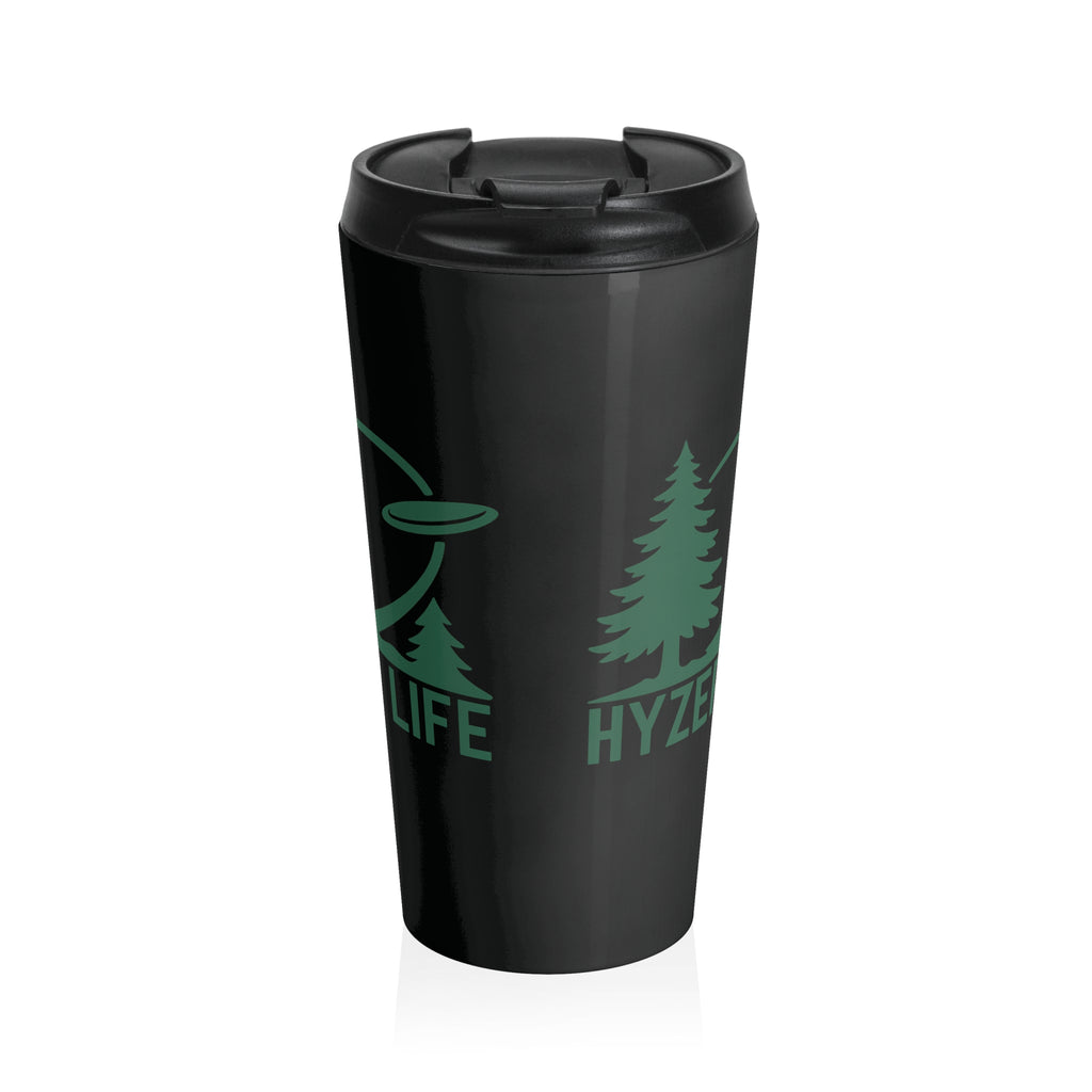 Black stainless steel travel mug with lid with green graphic of trees and a disc golf flying with the words 'HYZER LIFE' below the image on a white background.