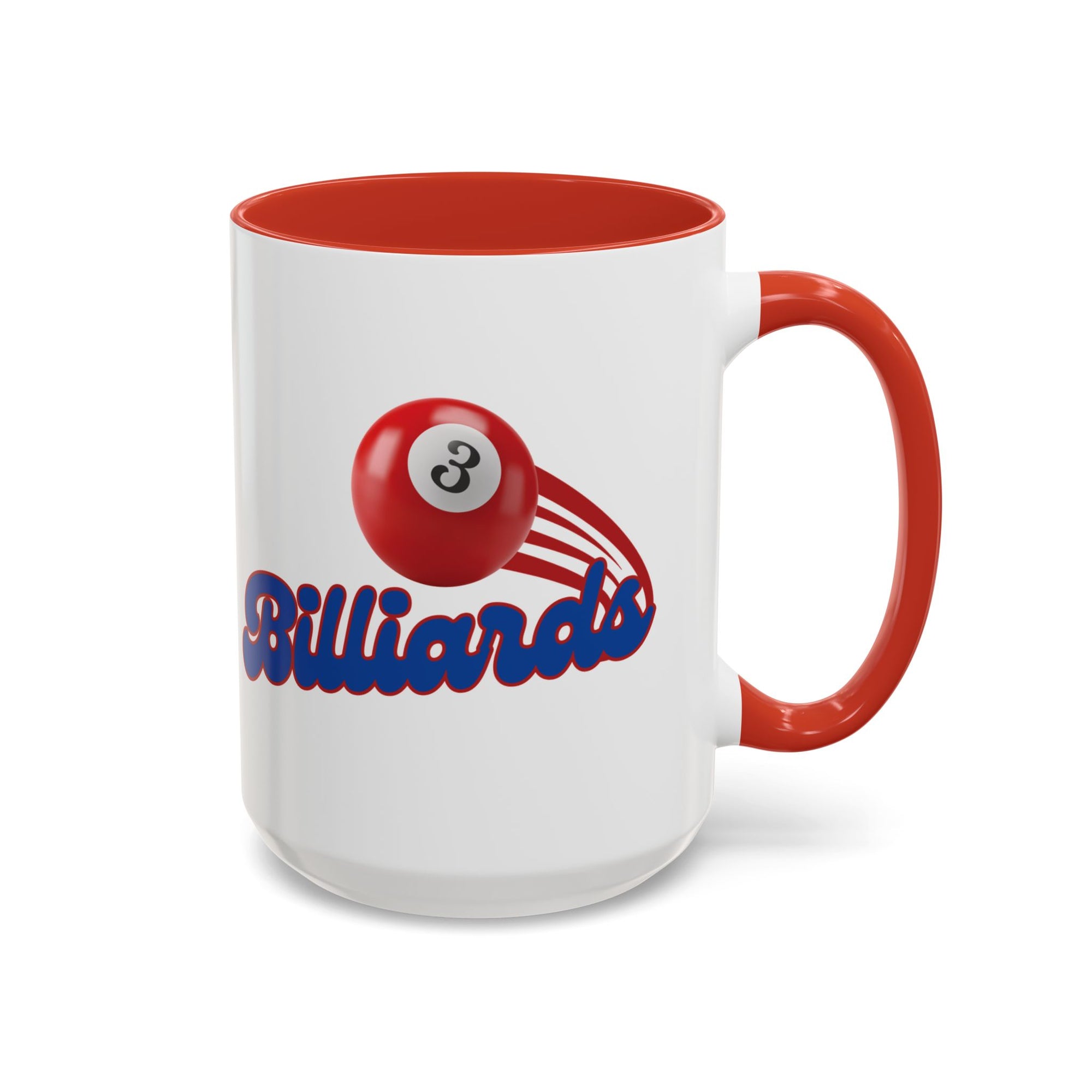 A white ceramic coffee mug with red accents on the handle and interior, with billiards ball and text that says "Billiards" against a white background 