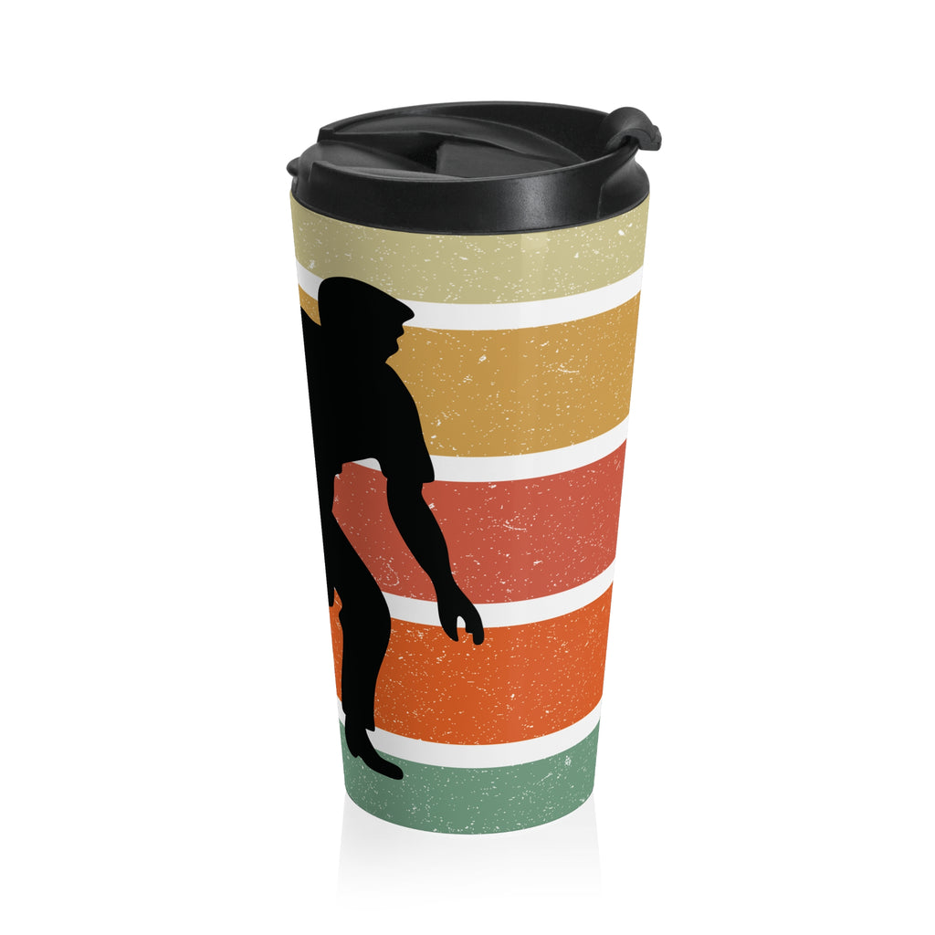 Side view of a travel mug with sip lid with a an image of a silhouette of a bowler over a colorful retro graphic, on a white background.