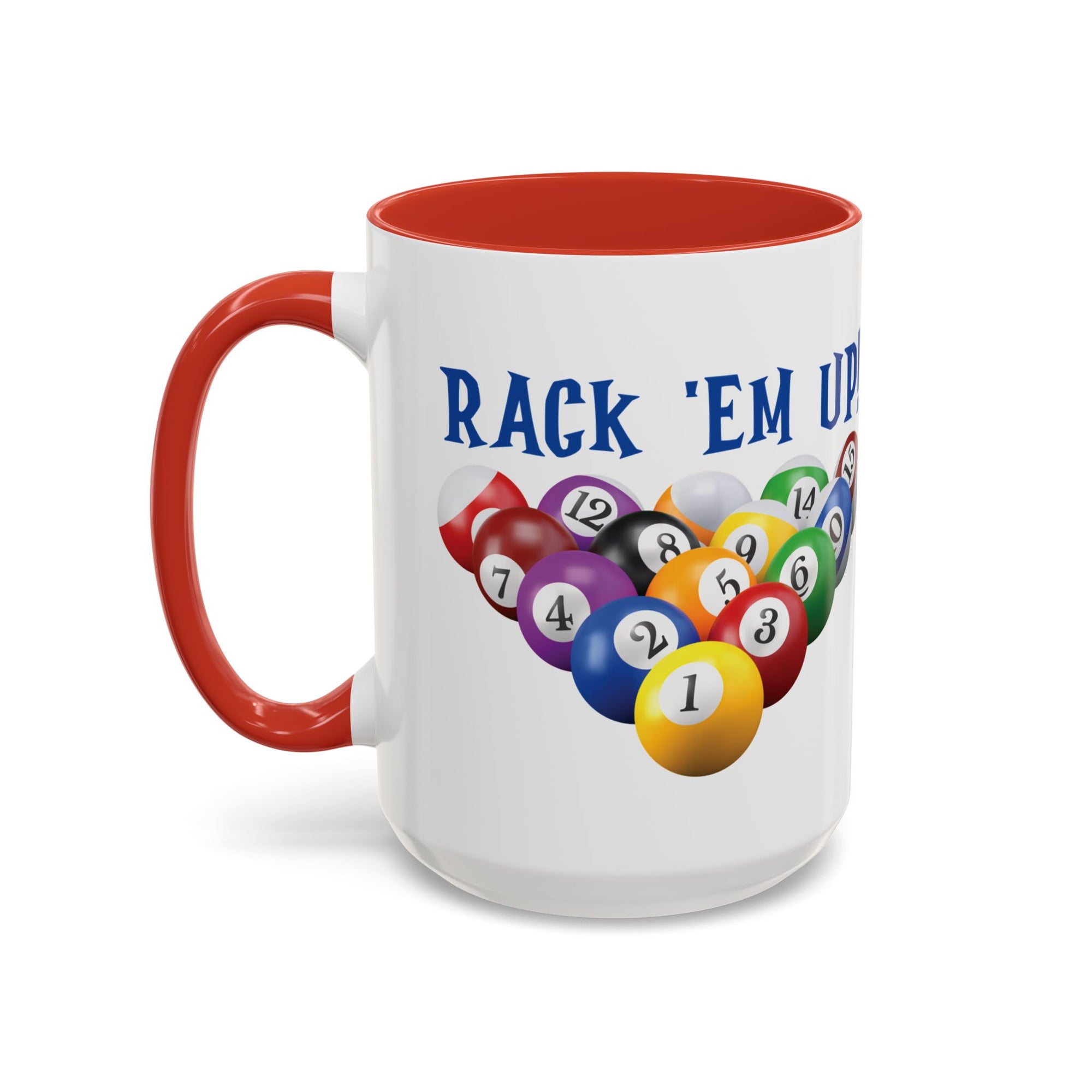A white ceramic coffee mug with red accents on the handle and interior, with racked pool ball design and 'Rack 'Em Up!' text, against a white background