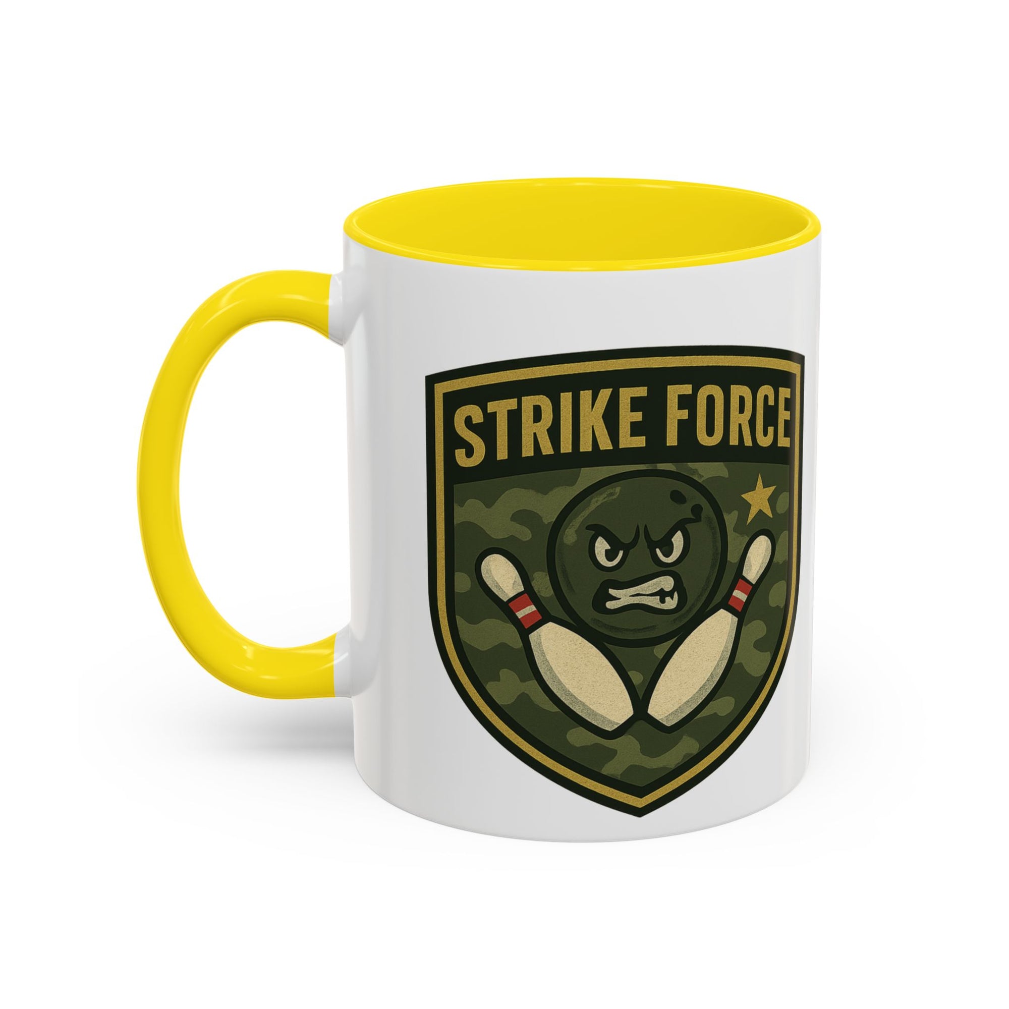 A white ceramic coffee mug with yellow accents on the handle and interior, with bowling 'Strike Force' military-style patch on a white background