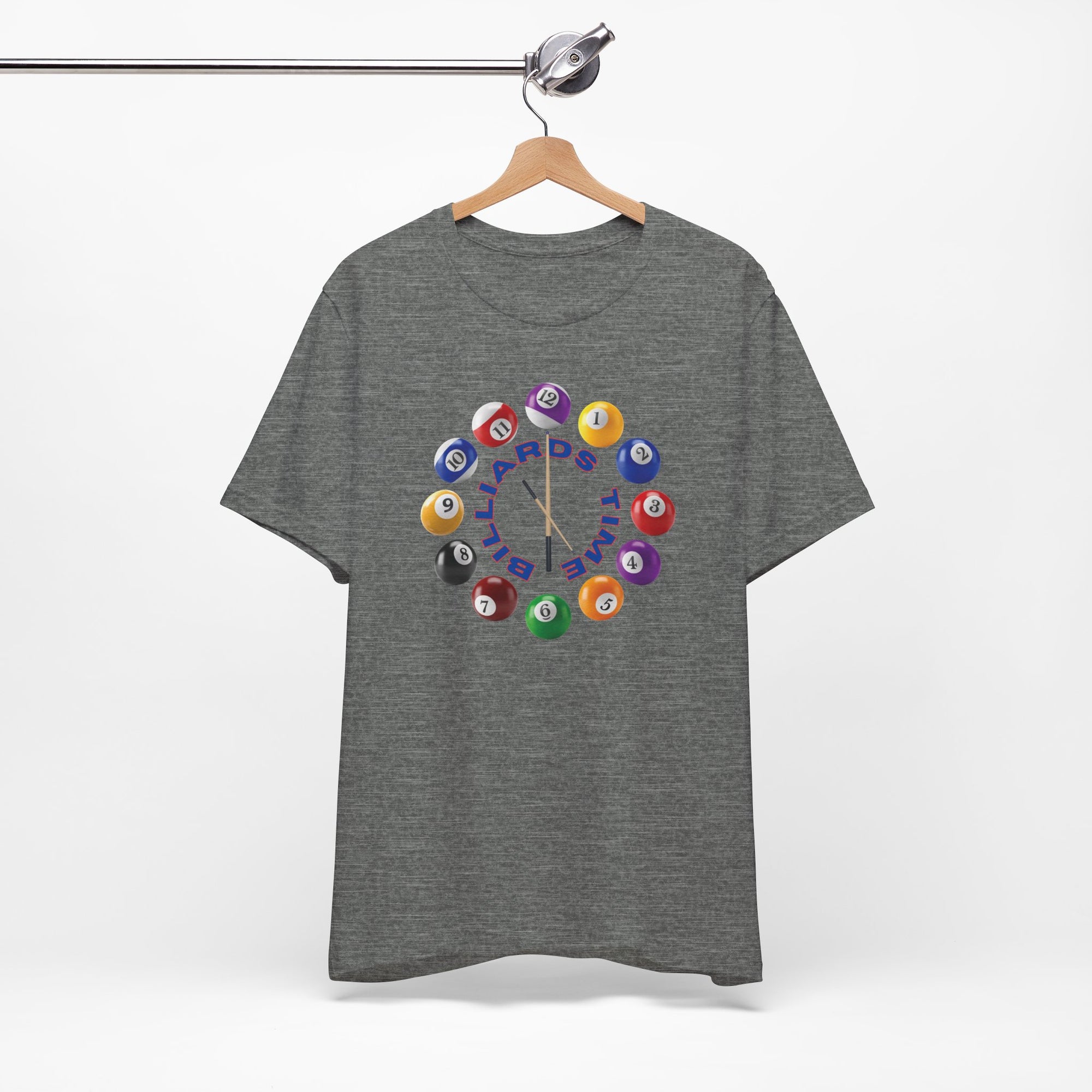 Gray t-shirt with the text "Billiards Time" surrounded by a clock made up of colorful billiard balls and cue sticks, on a white background