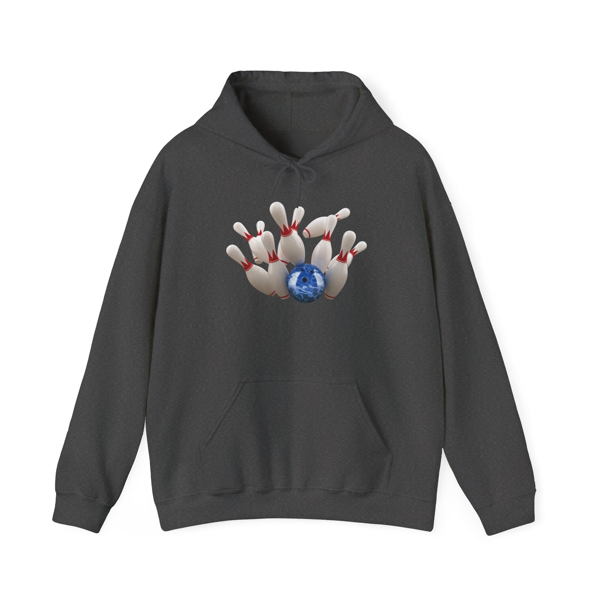 Gray hoodie with a graphic of a blue bowling ball knocking over bowling pins, on a white background