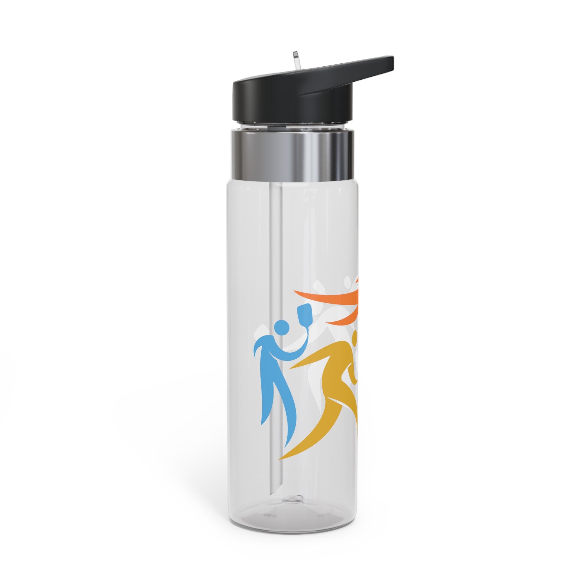 A clear water bottle with a lid, featuring an image of four colorful pickleball player drawings playing pickleball against a white background