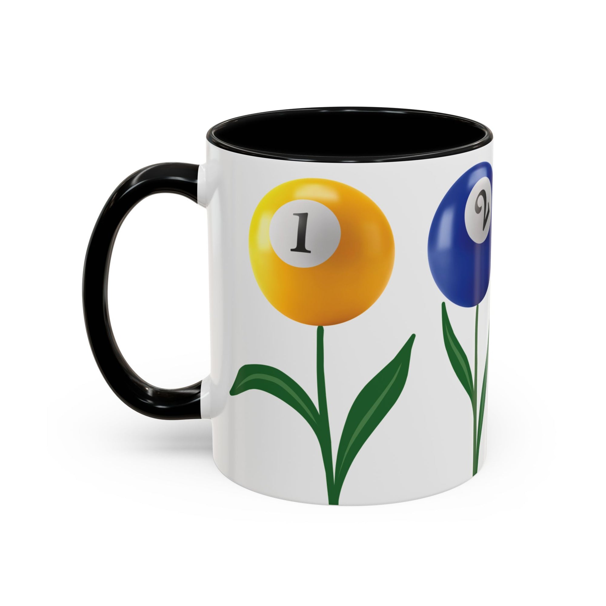 A white ceramic coffee mug with black accents on the handle and interior, with four colorful flowers made out of billiards balls with green stems, on a white background