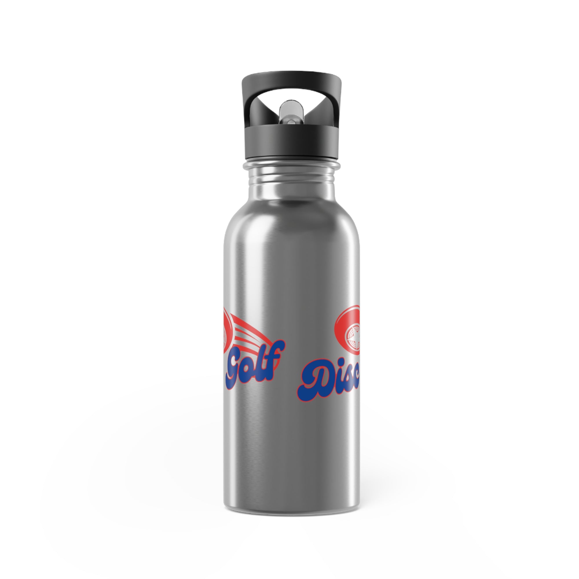 A stainless steel water bottle with lid, featuring the words 'Disc Golf' in a blue script text outlined in red and disc golf with motion trails, against a white background
