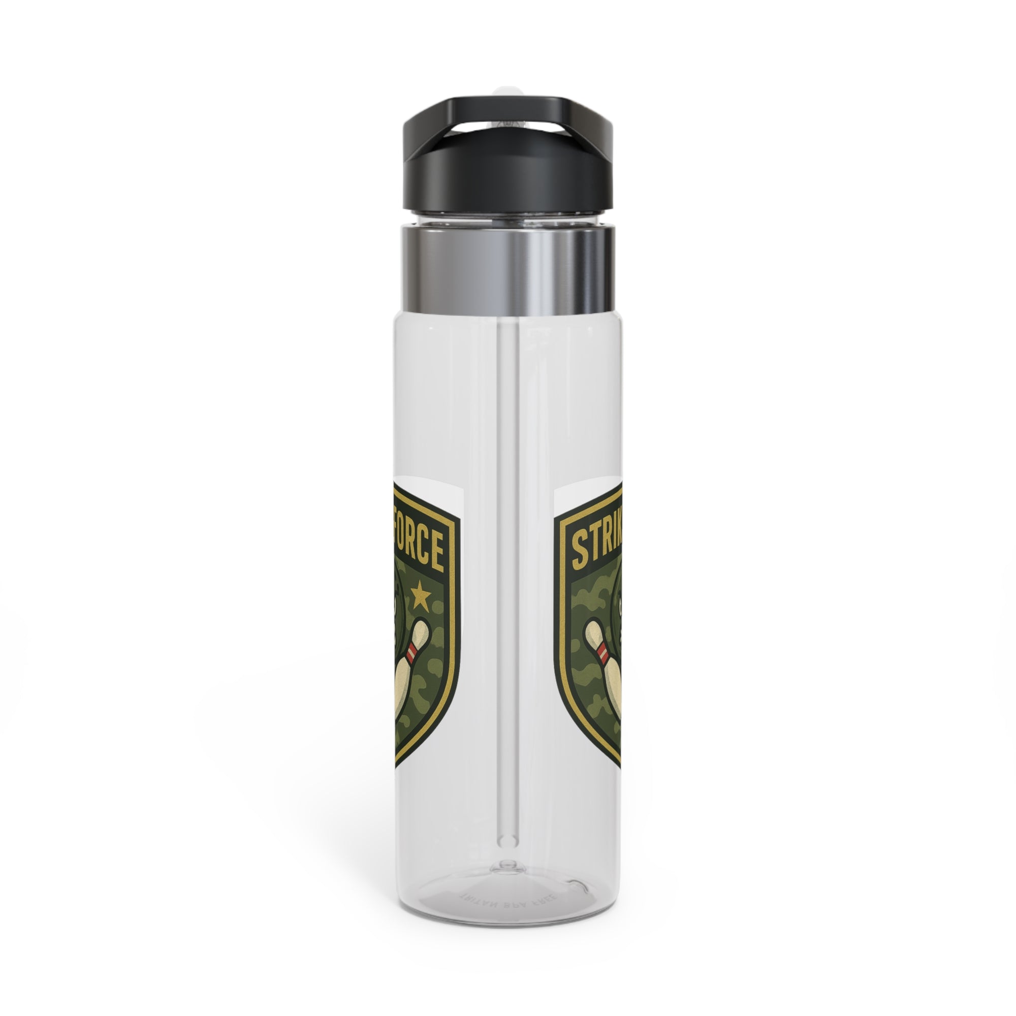A clear water bottle with black lid, with bowling 'Strike Force' military-style patch on a white background