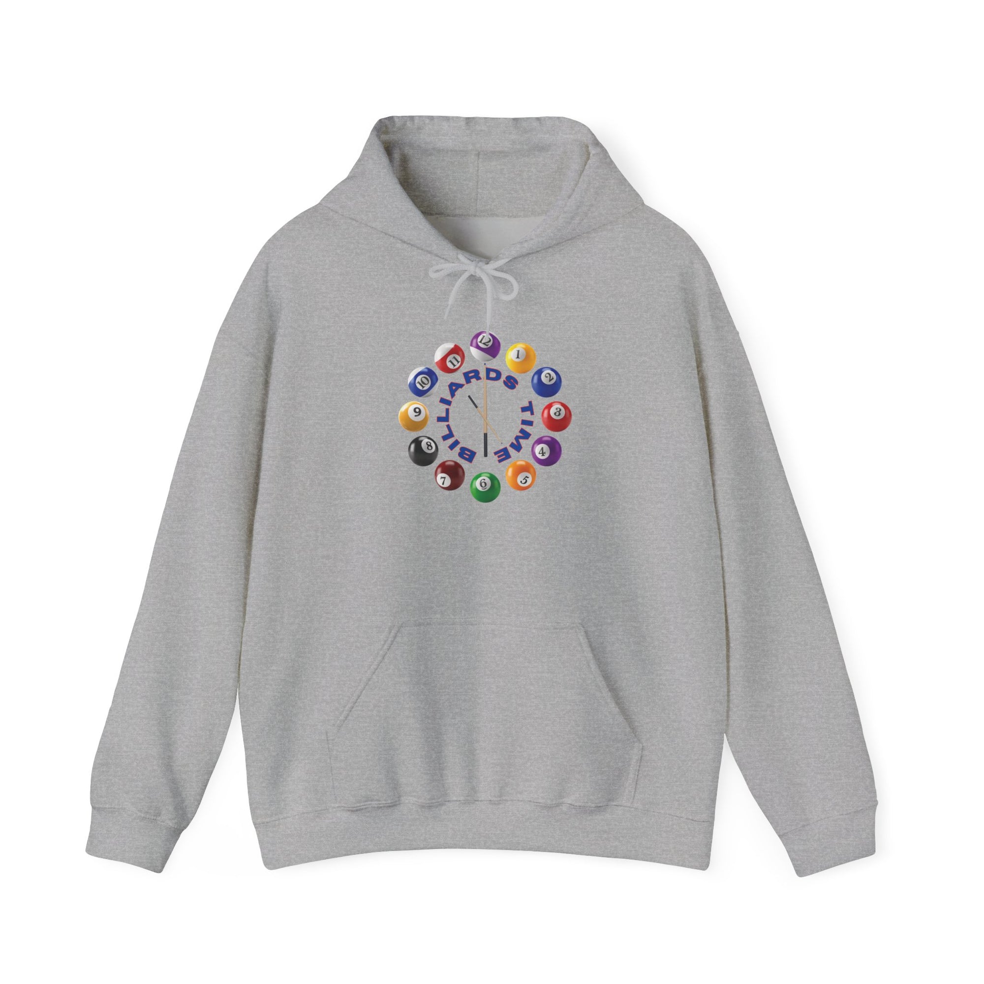 Gray hoodie with the text "Billiards Time" surrounded by a clock made up of colorful billiard balls and cue sticks, on a white background